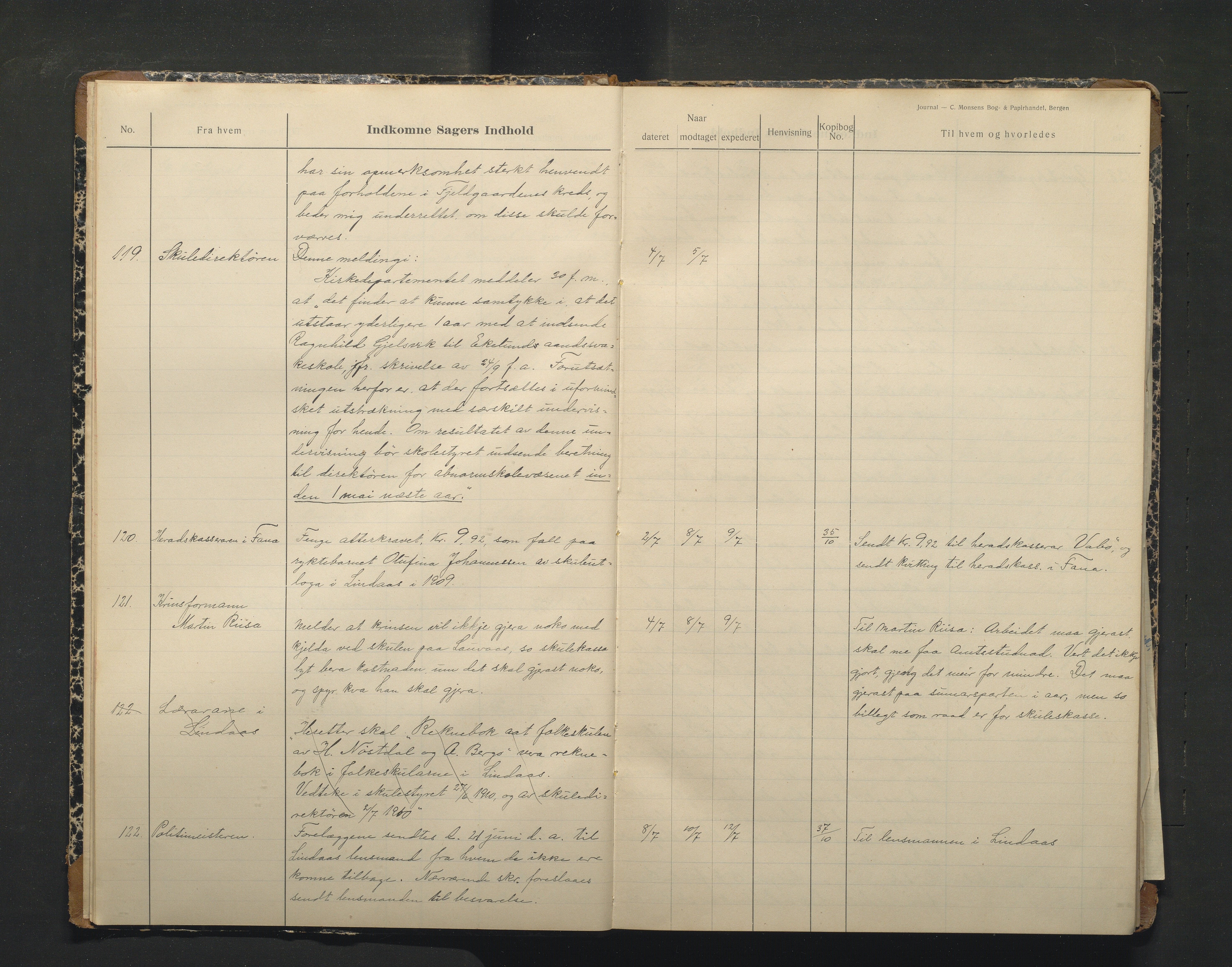 Lindås kommune. Skulestyret, IKAH/1263-211/C/Ca/L0004: Postjournal for Lindås skulestyre, 1910-1912
