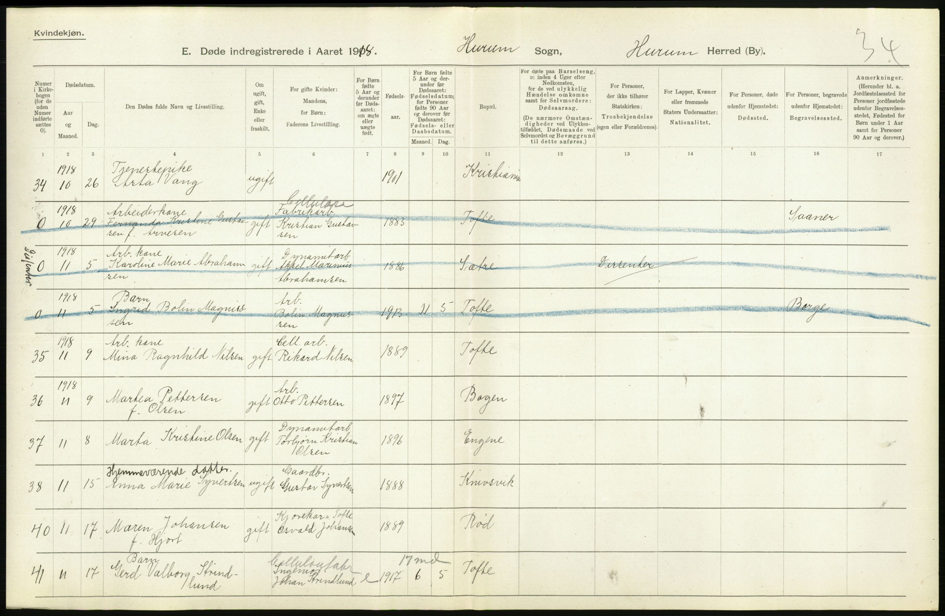 Statistisk sentralbyrå, Sosiodemografiske emner, Befolkning, AV/RA-S-2228/D/Df/Dfb/Dfbh/L0020: Buskerud fylke: Døde. Bygder og byer., 1918, p. 394