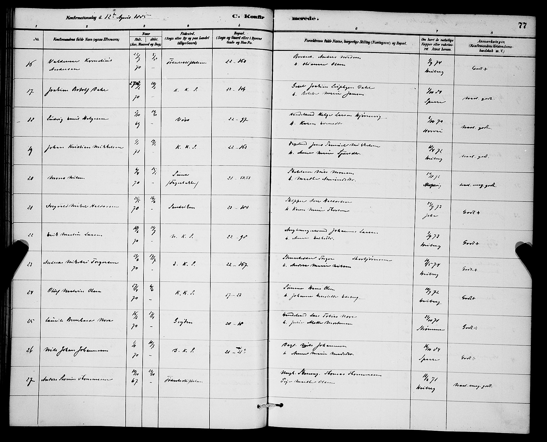 Korskirken sokneprestembete, AV/SAB-A-76101/H/Hab: Parish register (copy) no. C 3, 1880-1892, p. 77