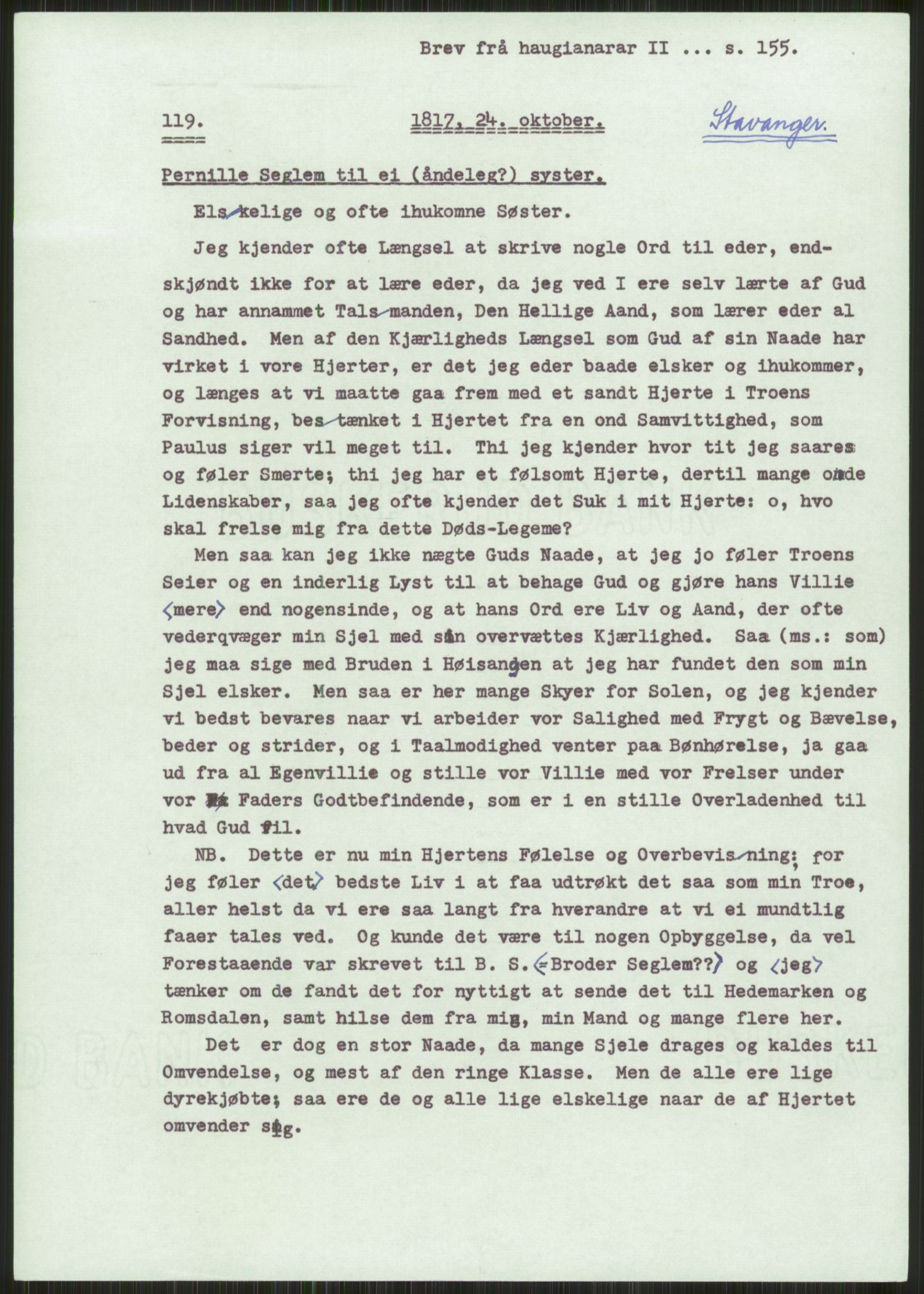 Samlinger til kildeutgivelse, Haugianerbrev, AV/RA-EA-6834/F/L0002: Haugianerbrev II: 1805-1821, 1805-1821, p. 155