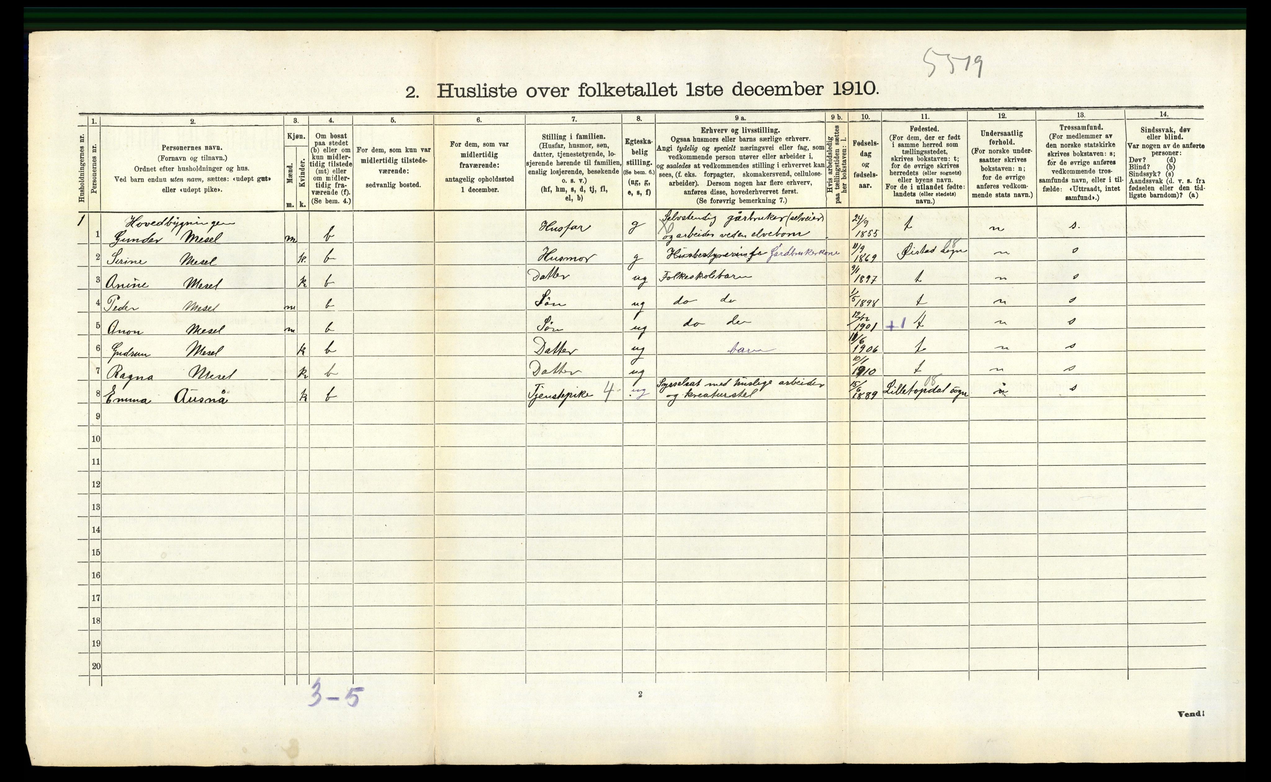 RA, 1910 census for Froland, 1910, p. 507