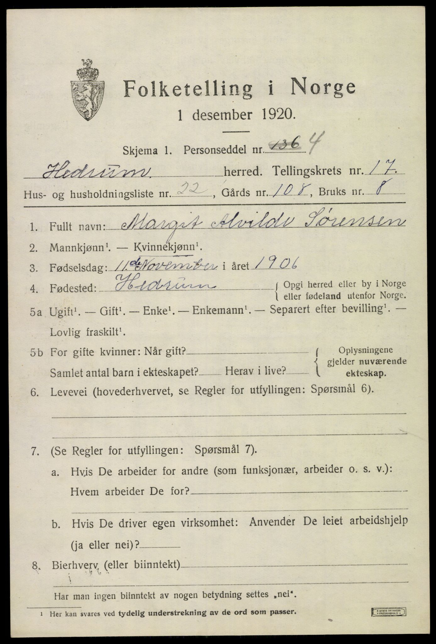 SAKO, 1920 census for Hedrum, 1920, p. 10791