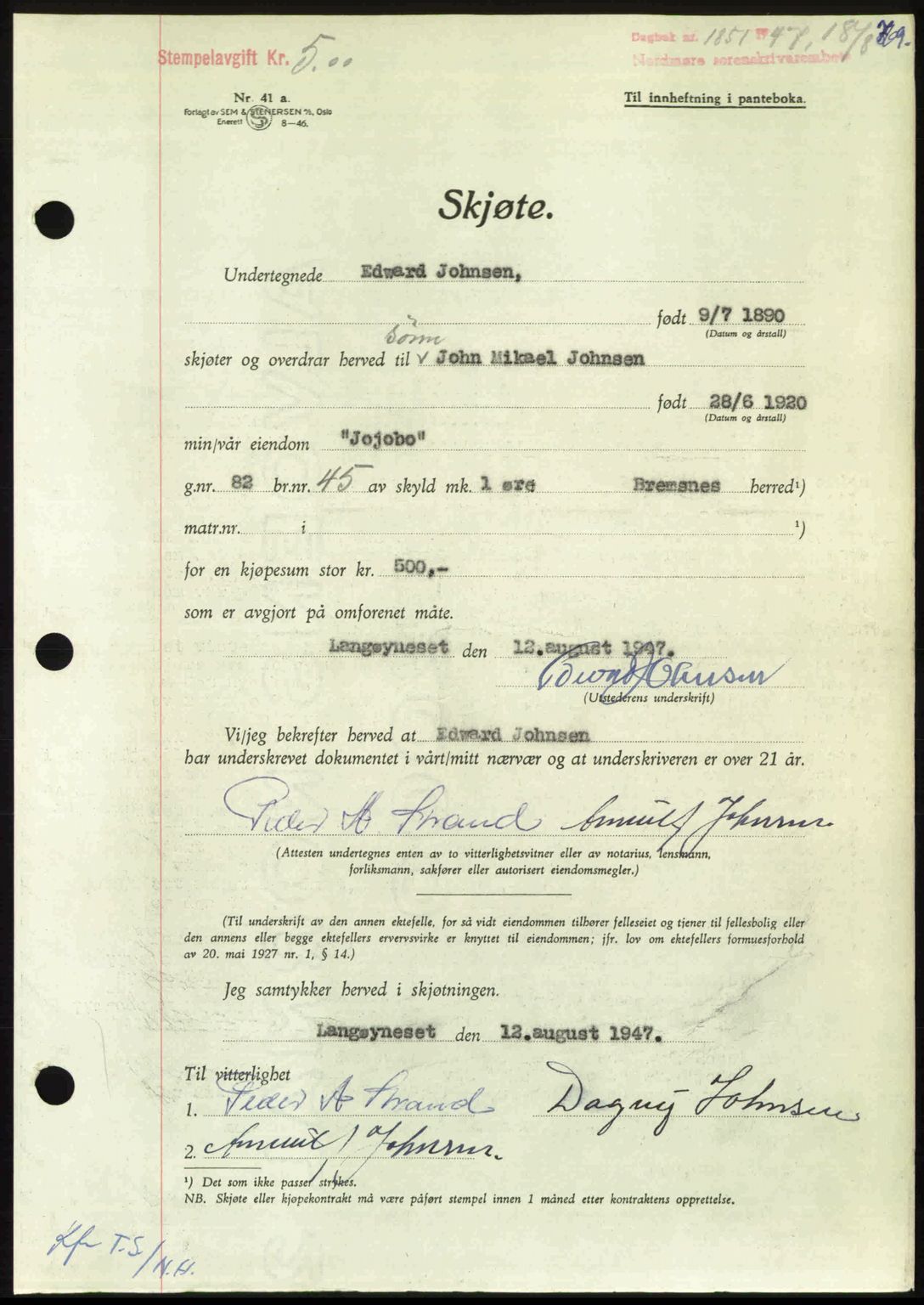 Nordmøre sorenskriveri, AV/SAT-A-4132/1/2/2Ca: Mortgage book no. A105, 1947-1947, Diary no: : 1851/1947