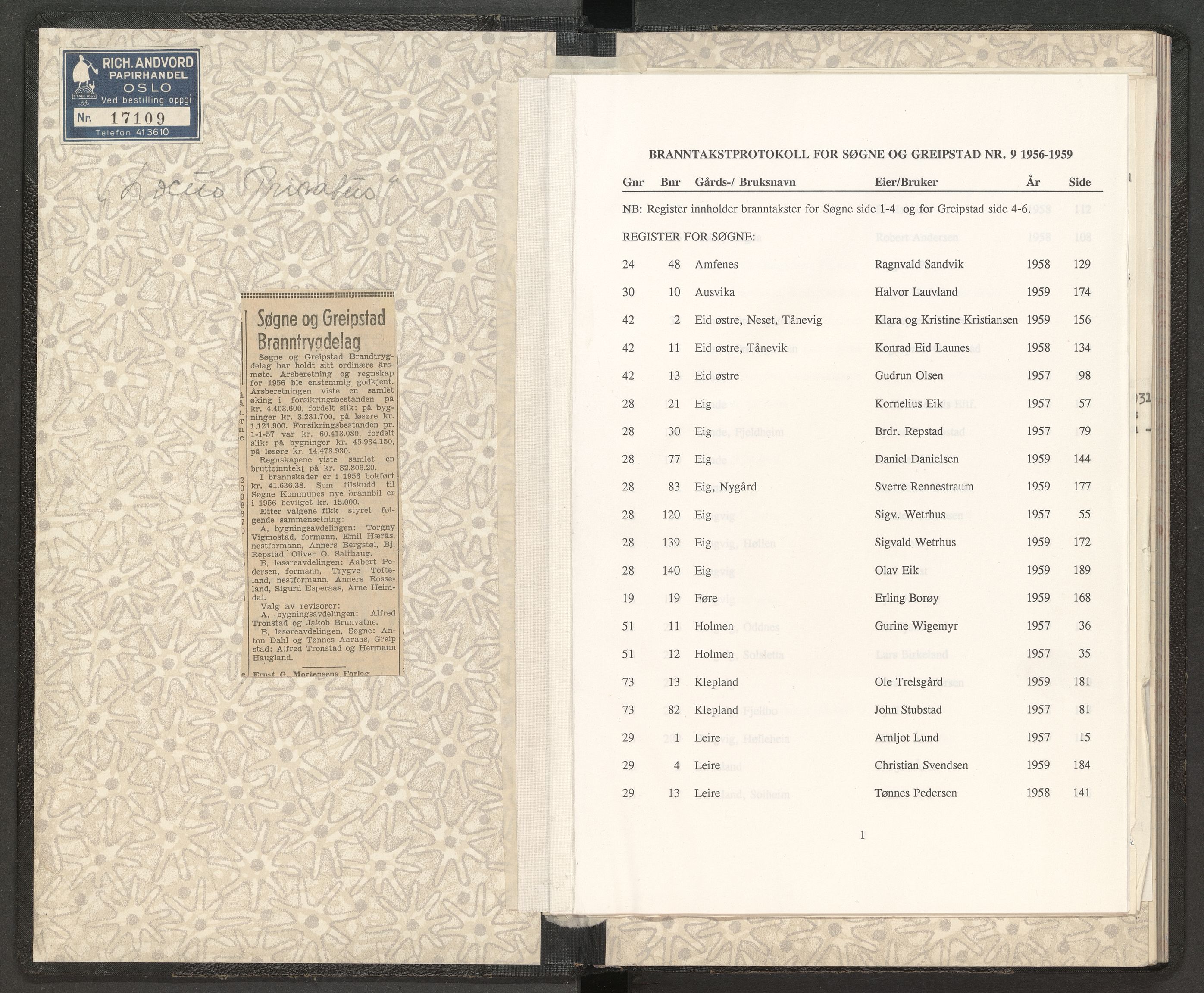 Norges Brannkasse Søgne og Greipstad, AV/SAK-2241-0046/F/Fa/L0009: Branntakstprotokoll nr. 9 med gårdsnavnregister, 1956-1959