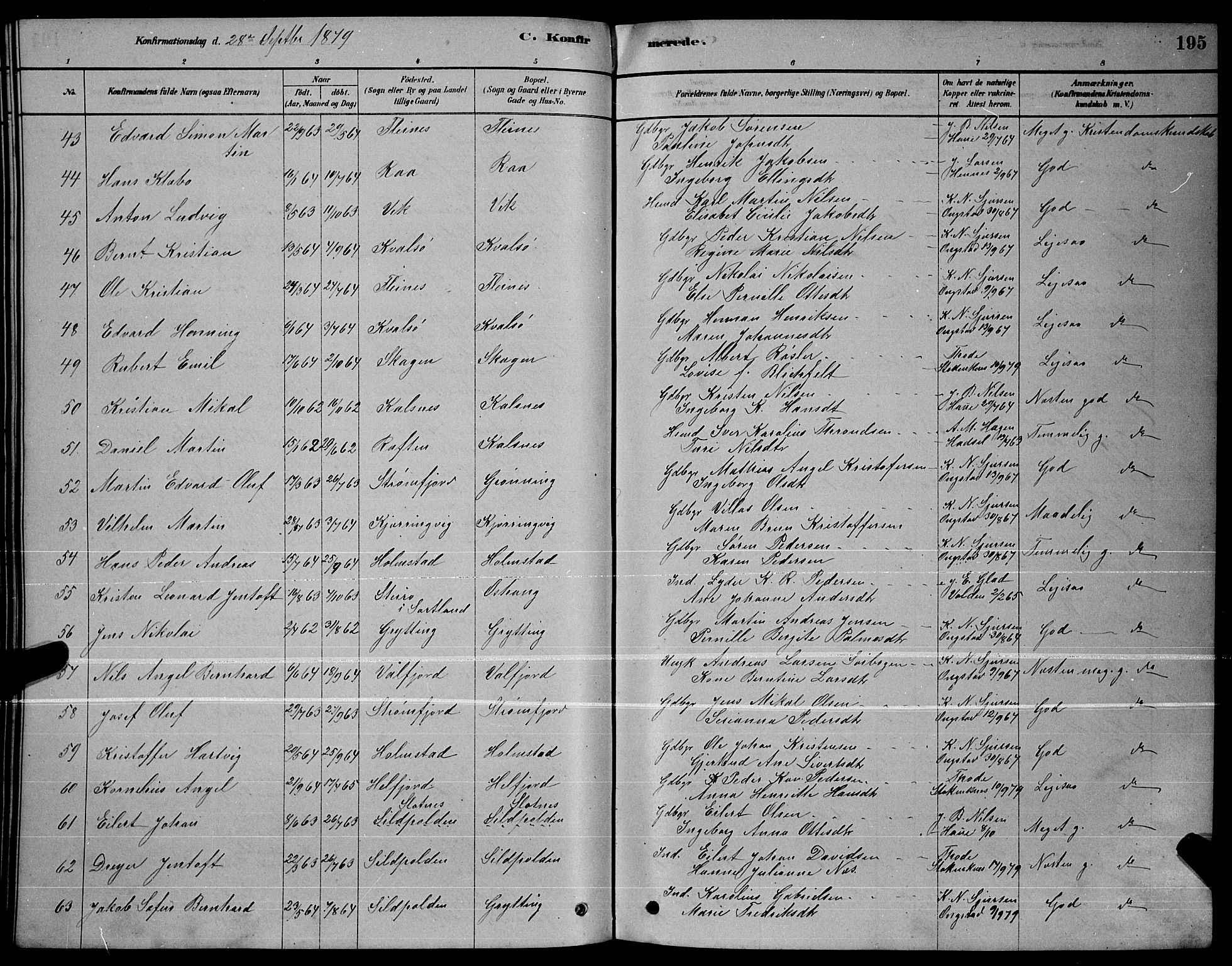 Ministerialprotokoller, klokkerbøker og fødselsregistre - Nordland, AV/SAT-A-1459/888/L1267: Parish register (copy) no. 888C05, 1878-1890, p. 195