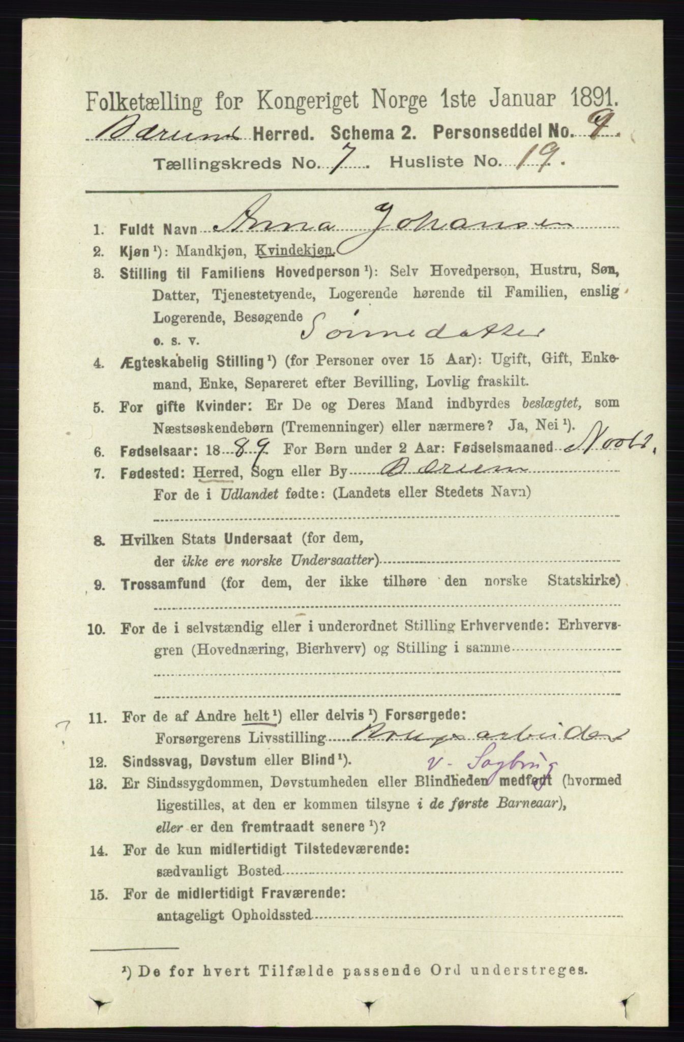 RA, 1891 census for 0219 Bærum, 1891, p. 4261