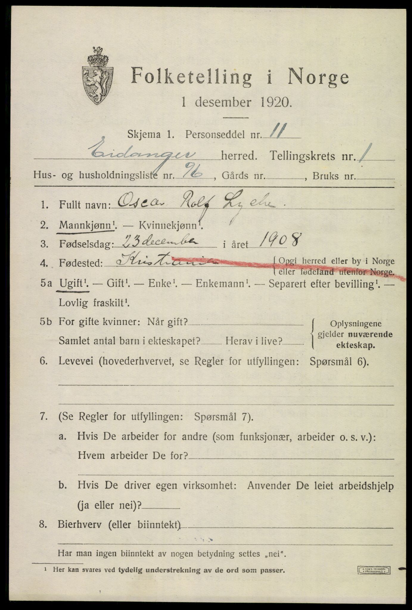 SAKO, 1920 census for Eidanger, 1920, p. 2912