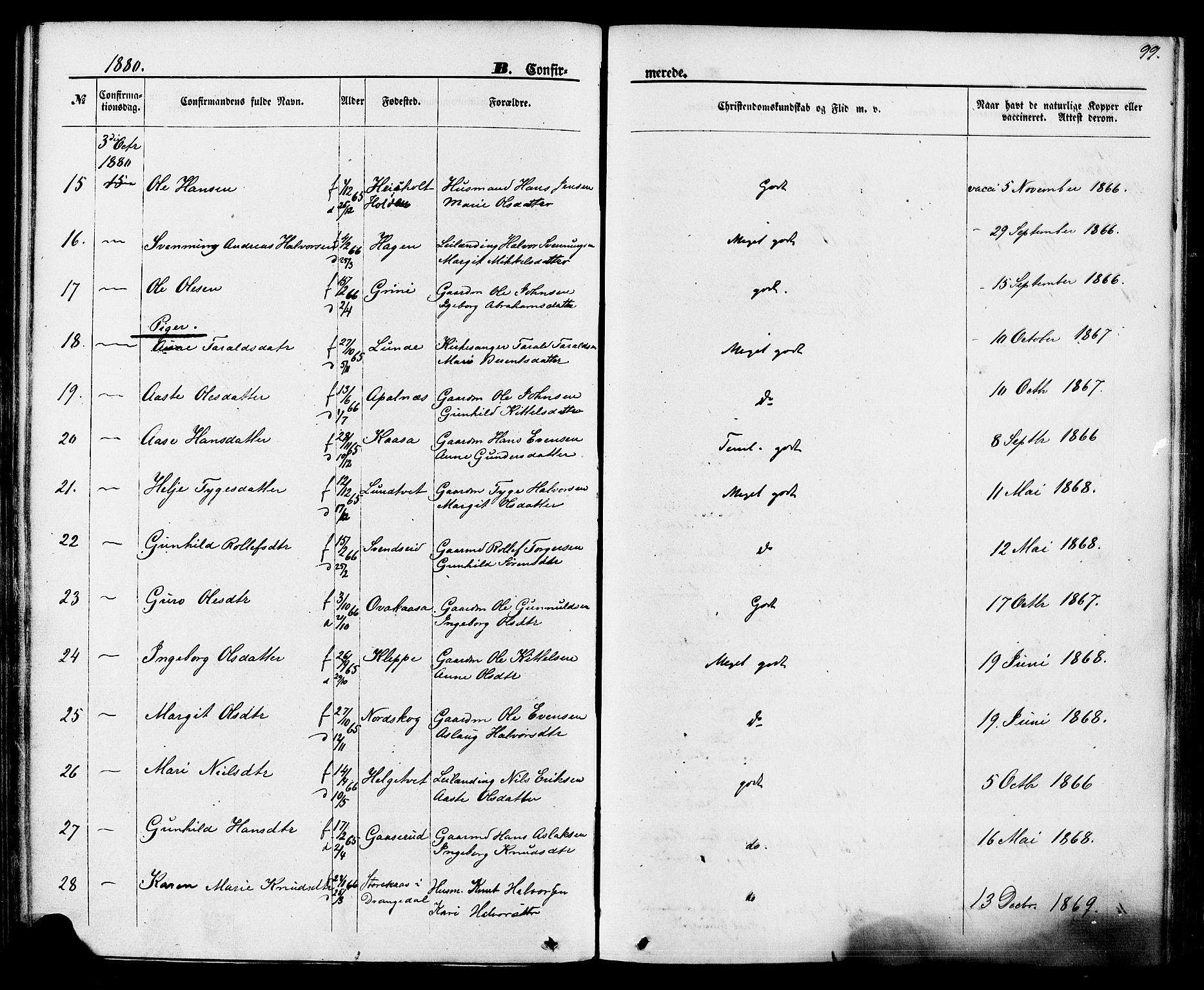 Lunde kirkebøker, SAKO/A-282/F/Fa/L0001: Parish register (official) no. I 1, 1866-1883, p. 99