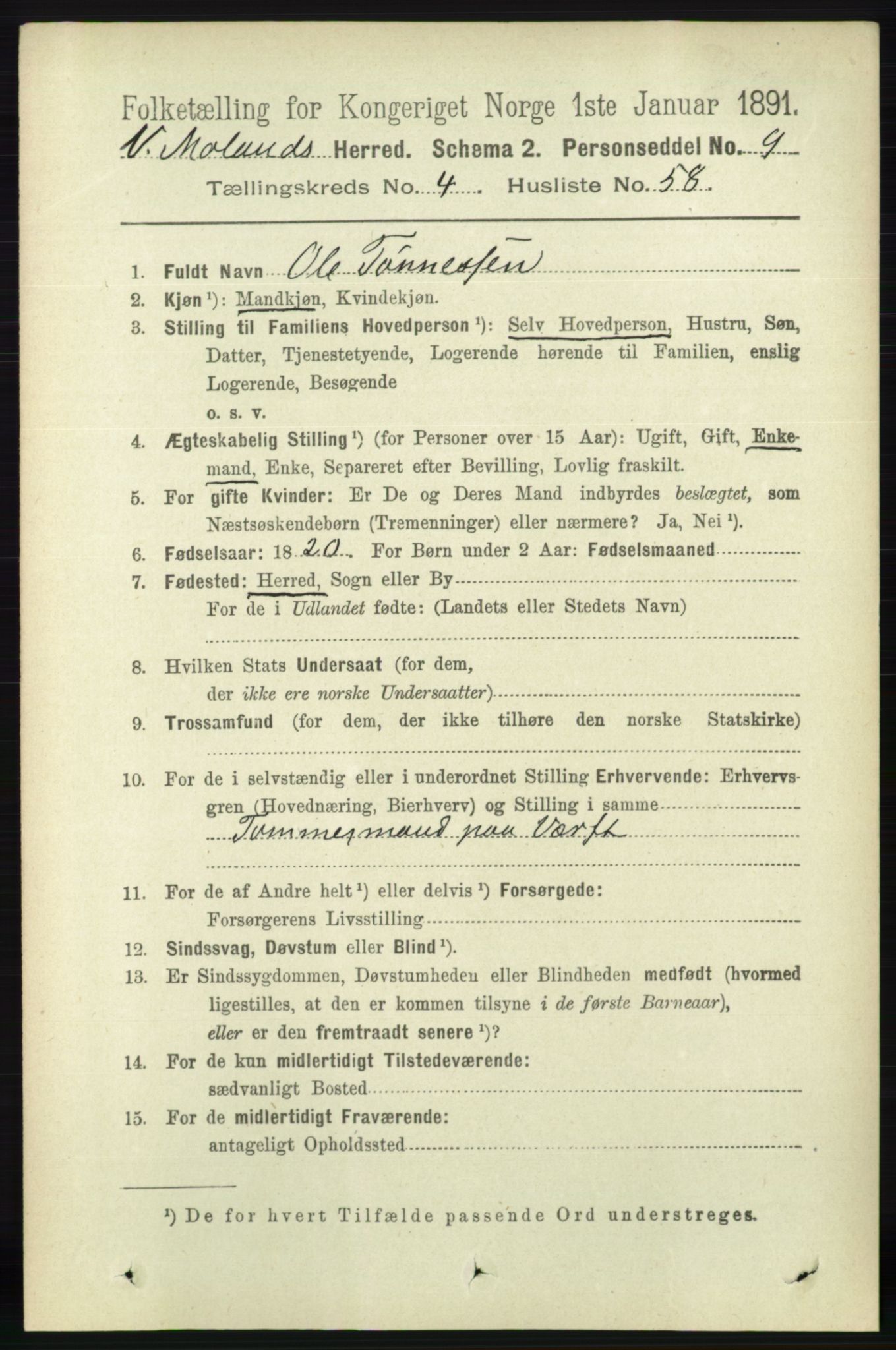 RA, 1891 census for 0926 Vestre Moland, 1891, p. 1640