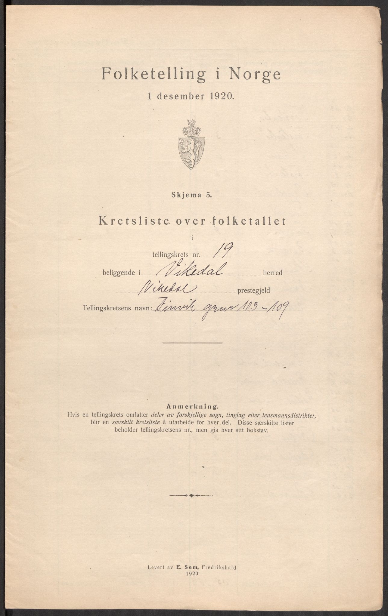 SAST, 1920 census for Vikedal, 1920, p. 126