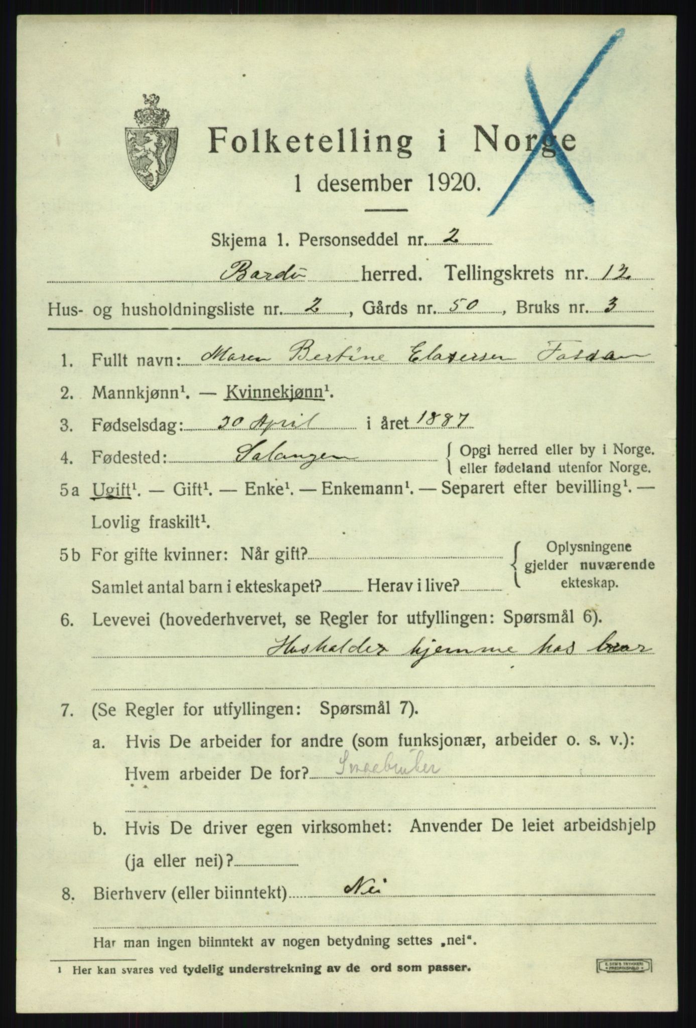 SATØ, 1920 census for Bardu, 1920, p. 3858