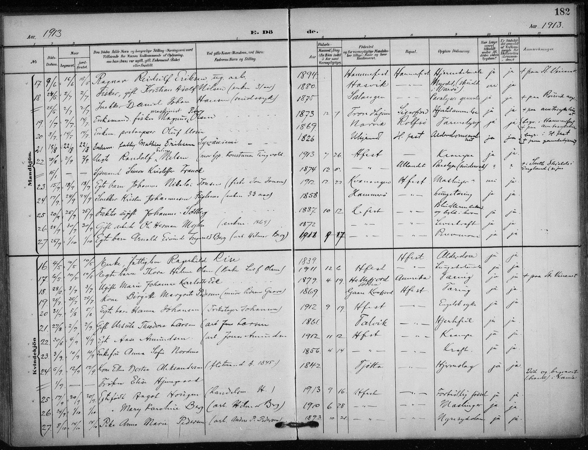 Hammerfest sokneprestkontor, SATØ/S-1347/H/Ha/L0014.kirke: Parish register (official) no. 14, 1906-1916, p. 182