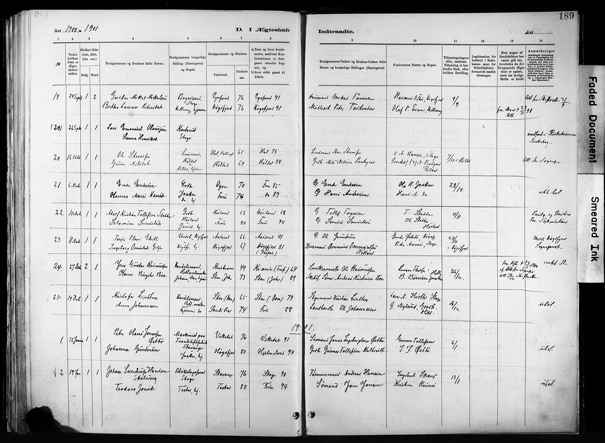 Hetland sokneprestkontor, AV/SAST-A-101826/30/30BA/L0011: Parish register (official) no. A 11, 1884-1911, p. 189