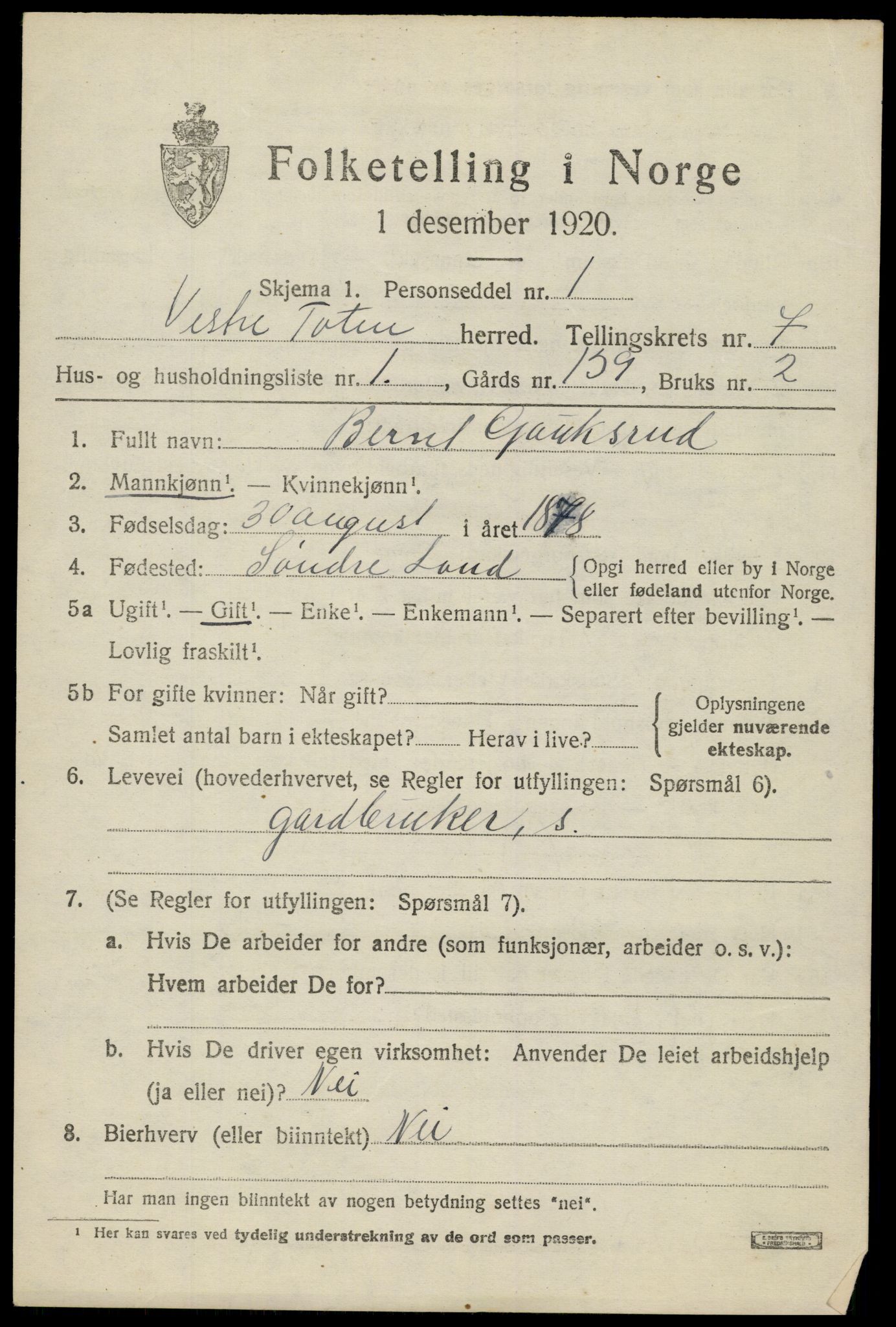 SAH, 1920 census for Vestre Toten, 1920, p. 9222