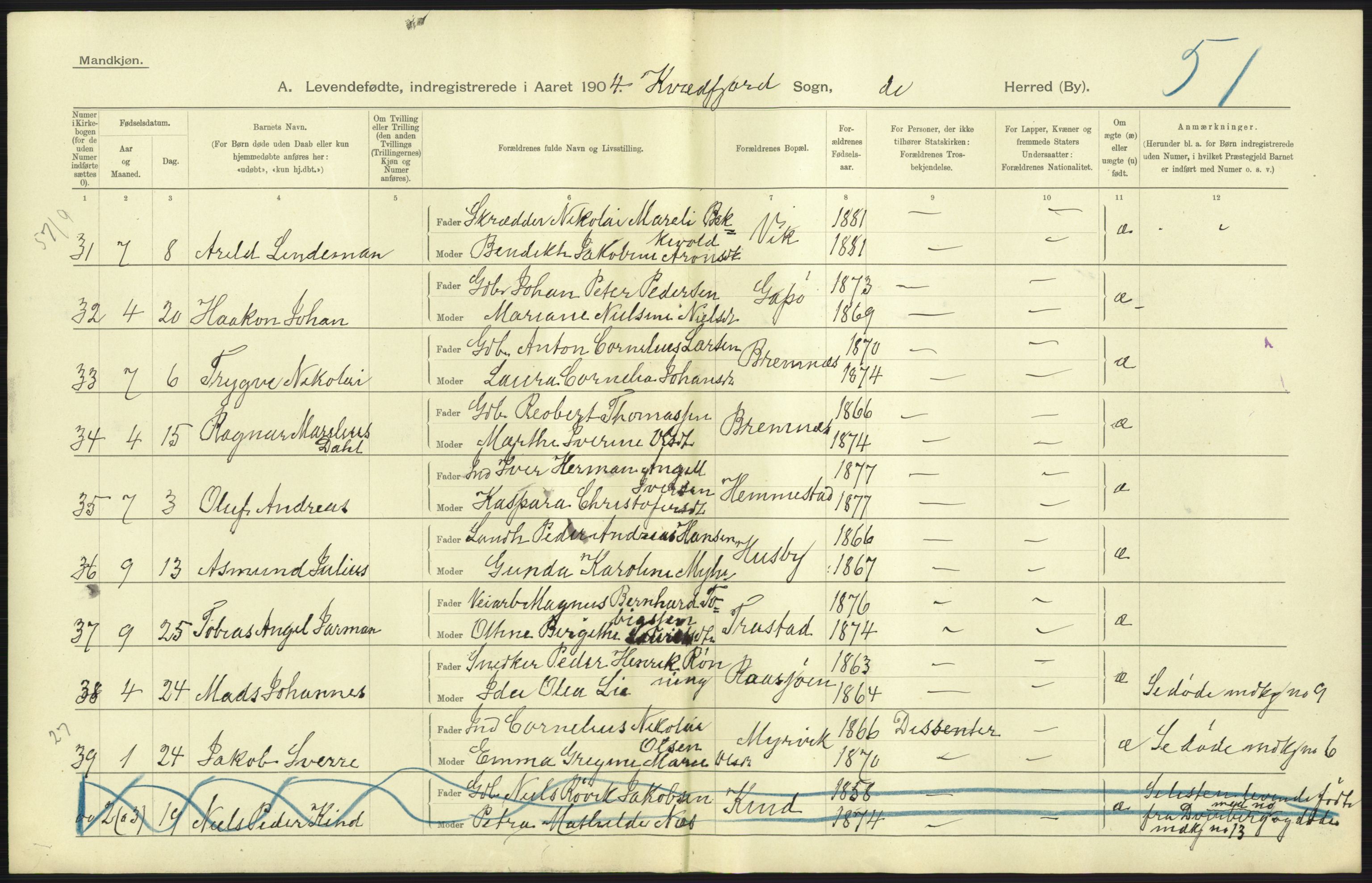 Statistisk sentralbyrå, Sosiodemografiske emner, Befolkning, AV/RA-S-2228/D/Df/Dfa/Dfab/L0022: Tromsø amt: Fødte, gifte, døde, 1904, p. 13