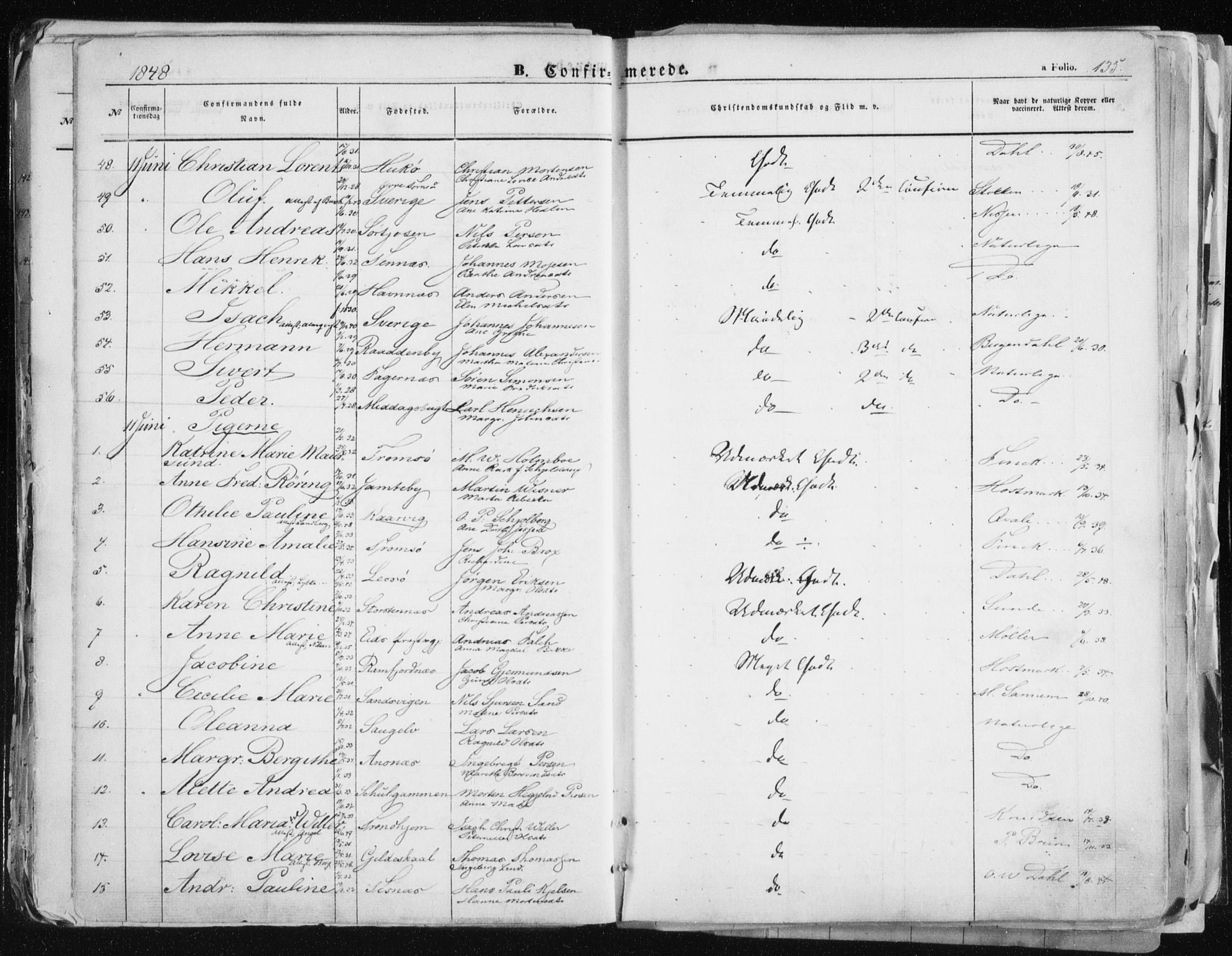 Tromsø sokneprestkontor/stiftsprosti/domprosti, SATØ/S-1343/G/Ga/L0010kirke: Parish register (official) no. 10, 1848-1855, p. 135