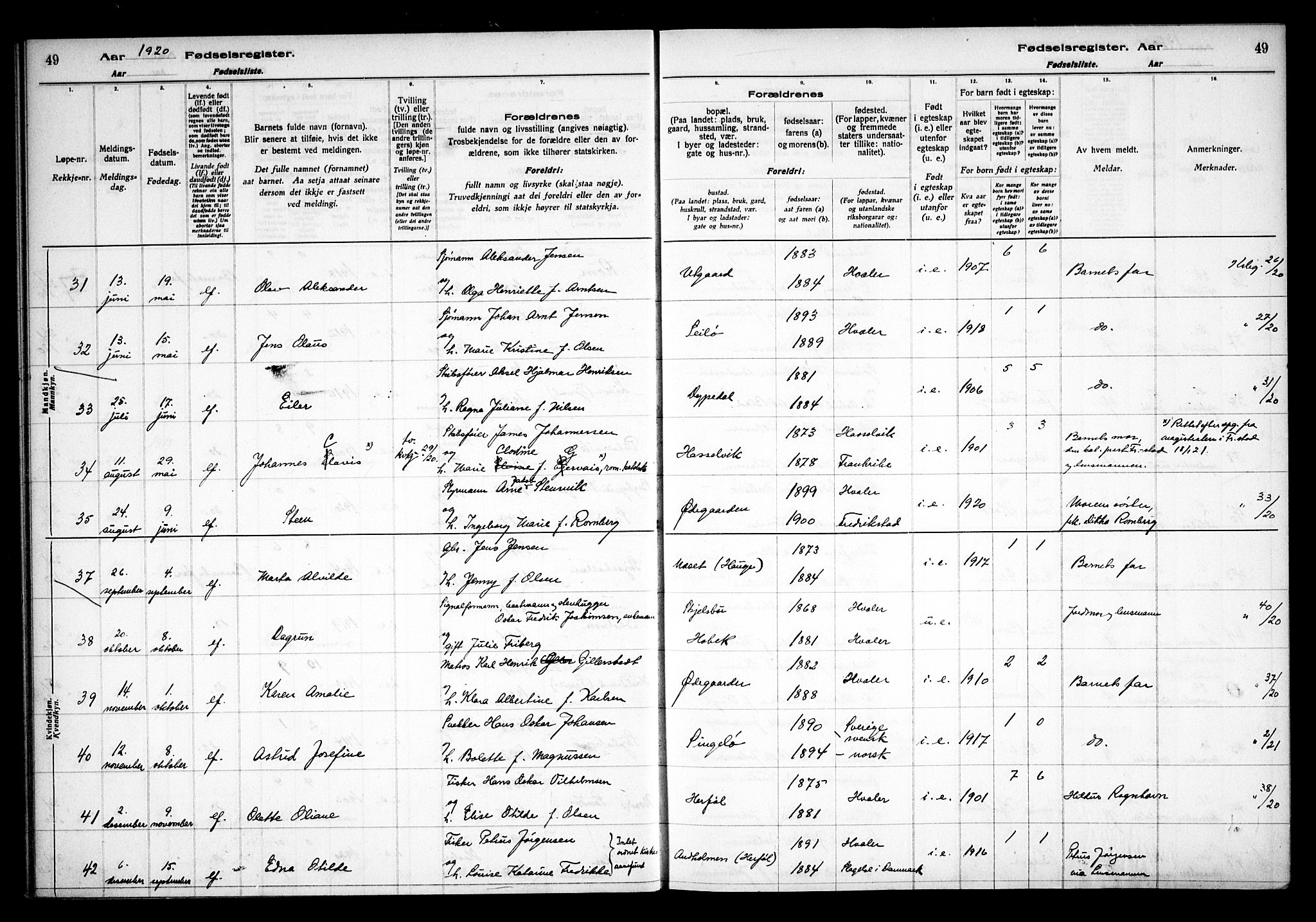 Hvaler prestekontor Kirkebøker, AV/SAO-A-2001/J/Ja/L0001: Birth register no. I 1, 1916-1938, p. 49