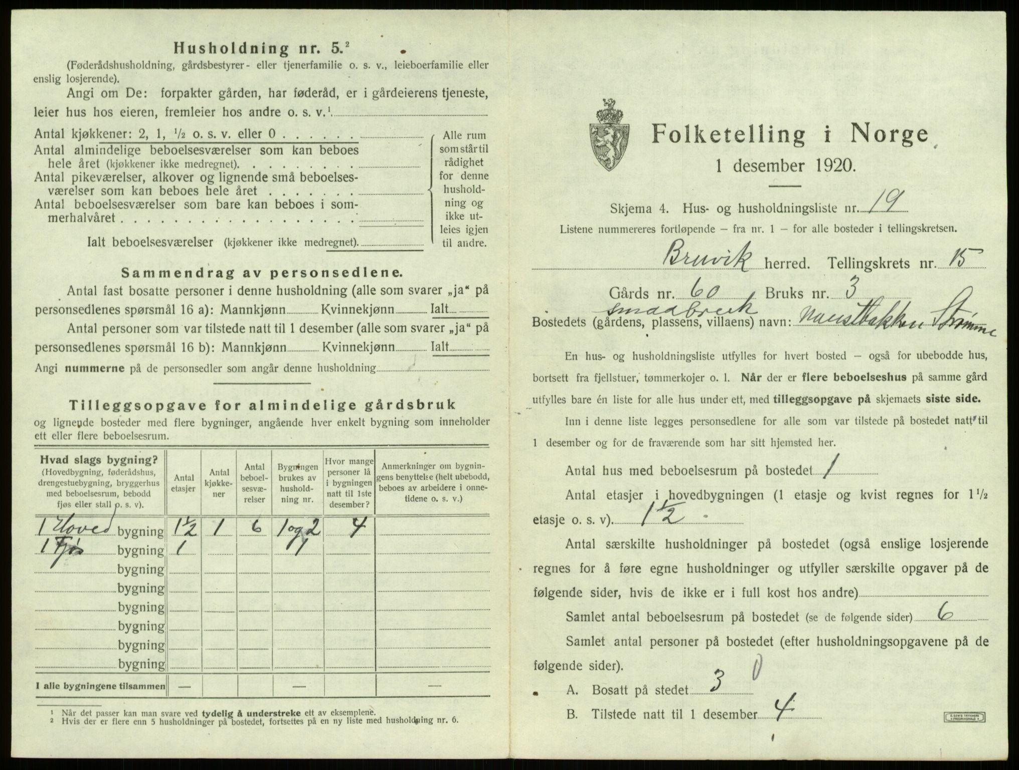 SAB, 1920 census for Bruvik, 1920, p. 1055