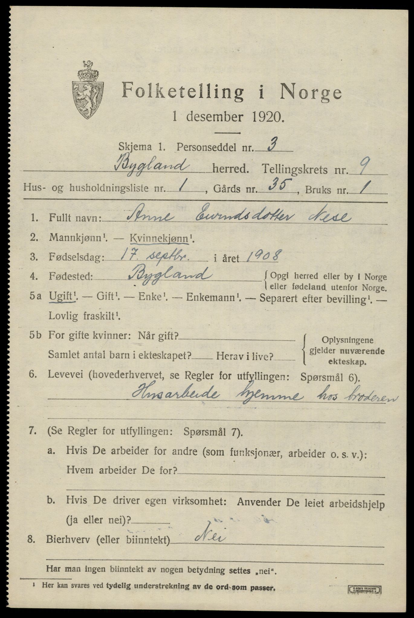 SAK, 1920 census for Bygland, 1920, p. 3093