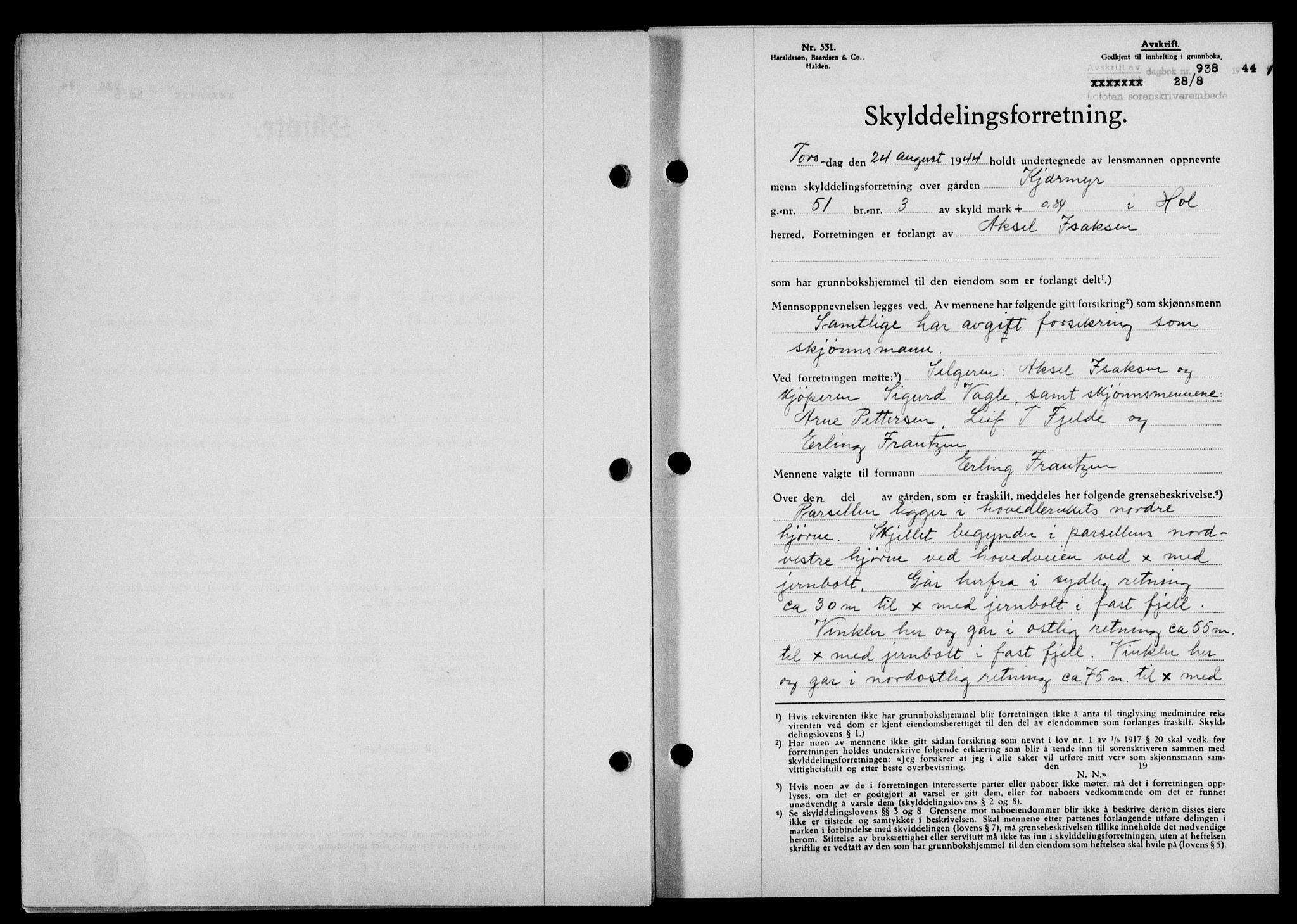 Lofoten sorenskriveri, SAT/A-0017/1/2/2C/L0012a: Mortgage book no. 12a, 1943-1944, Diary no: : 938/1944
