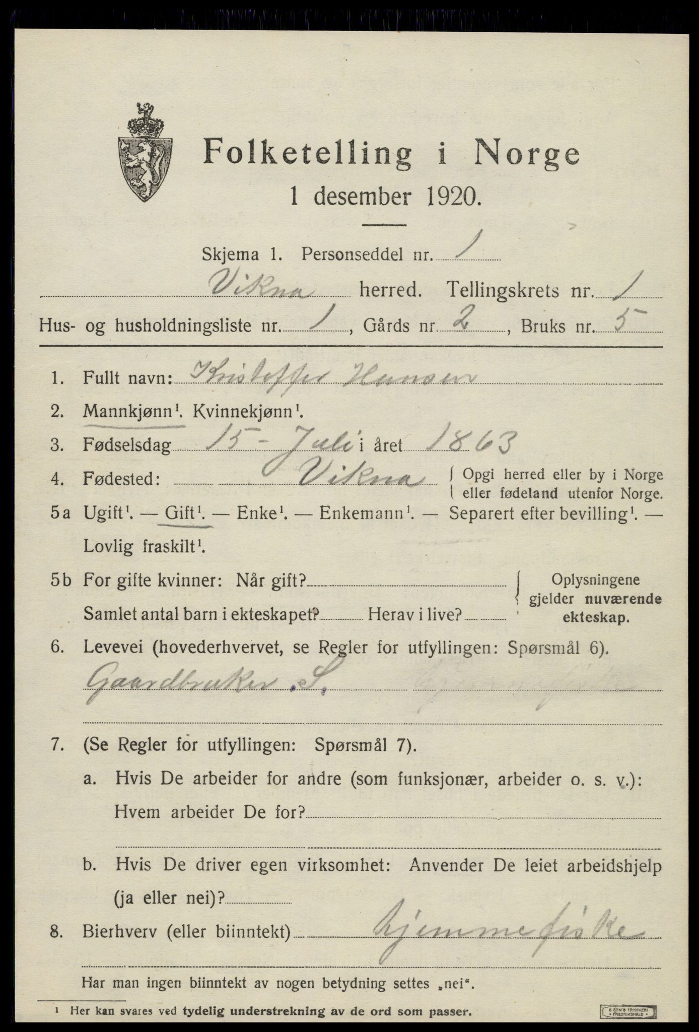 SAT, 1920 census for Vikna, 1920, p. 1143