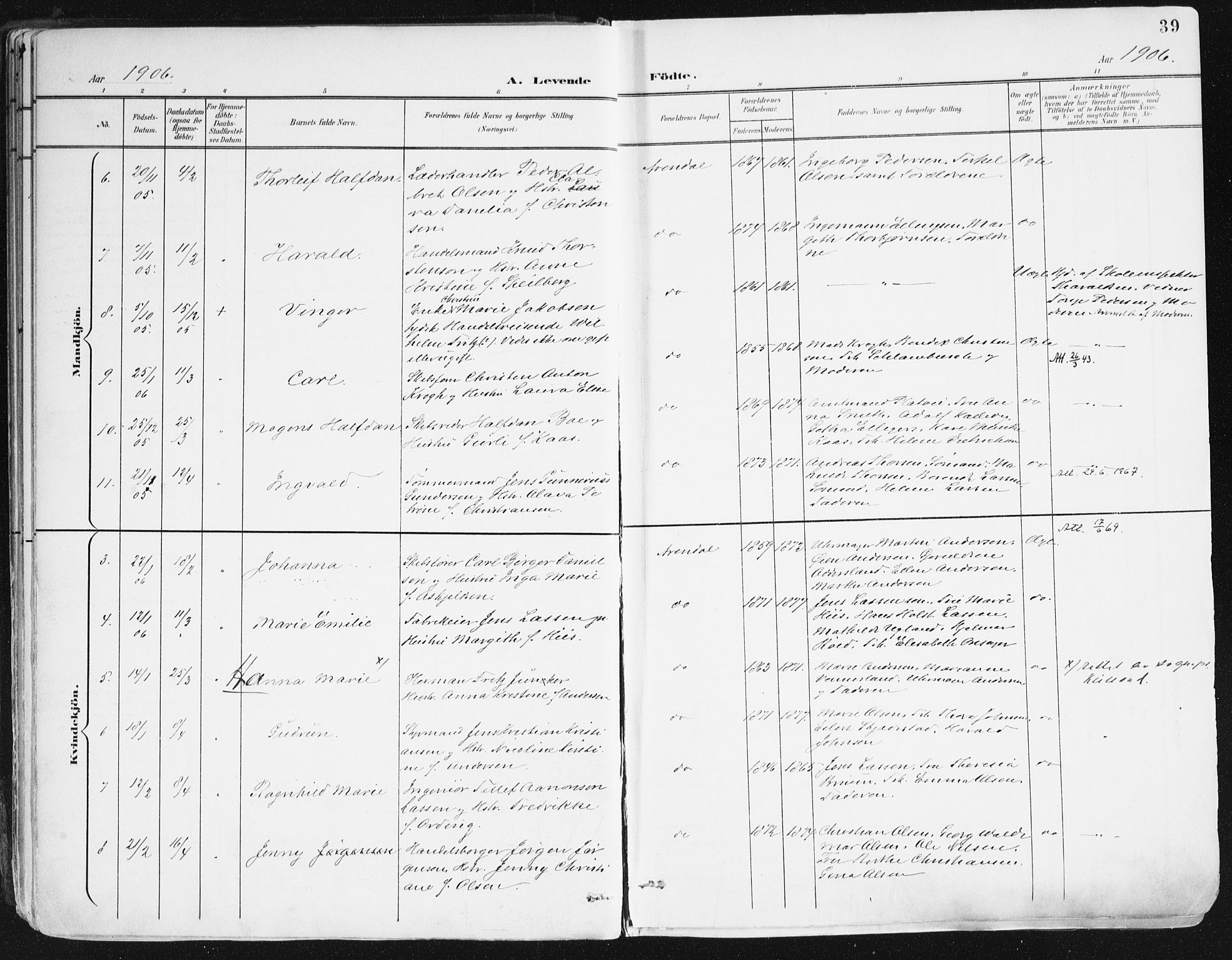 Arendal sokneprestkontor, Trefoldighet, SAK/1111-0040/F/Fa/L0010: Parish register (official) no. A 10, 1900-1919, p. 39