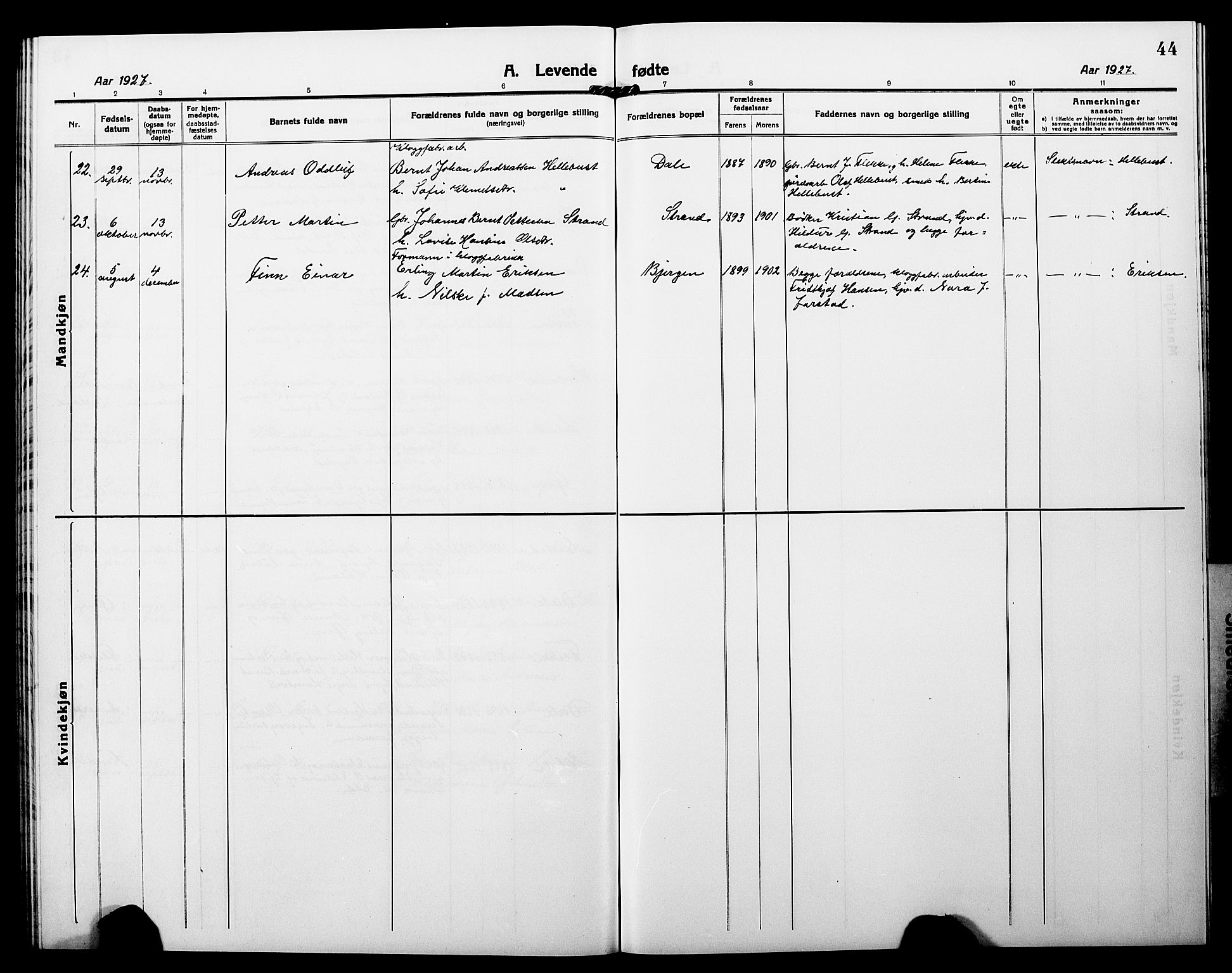 Fjaler sokneprestembete, SAB/A-79801/H/Hab/Habc/L0004: Parish register (copy) no. C 4, 1914-1927, p. 44