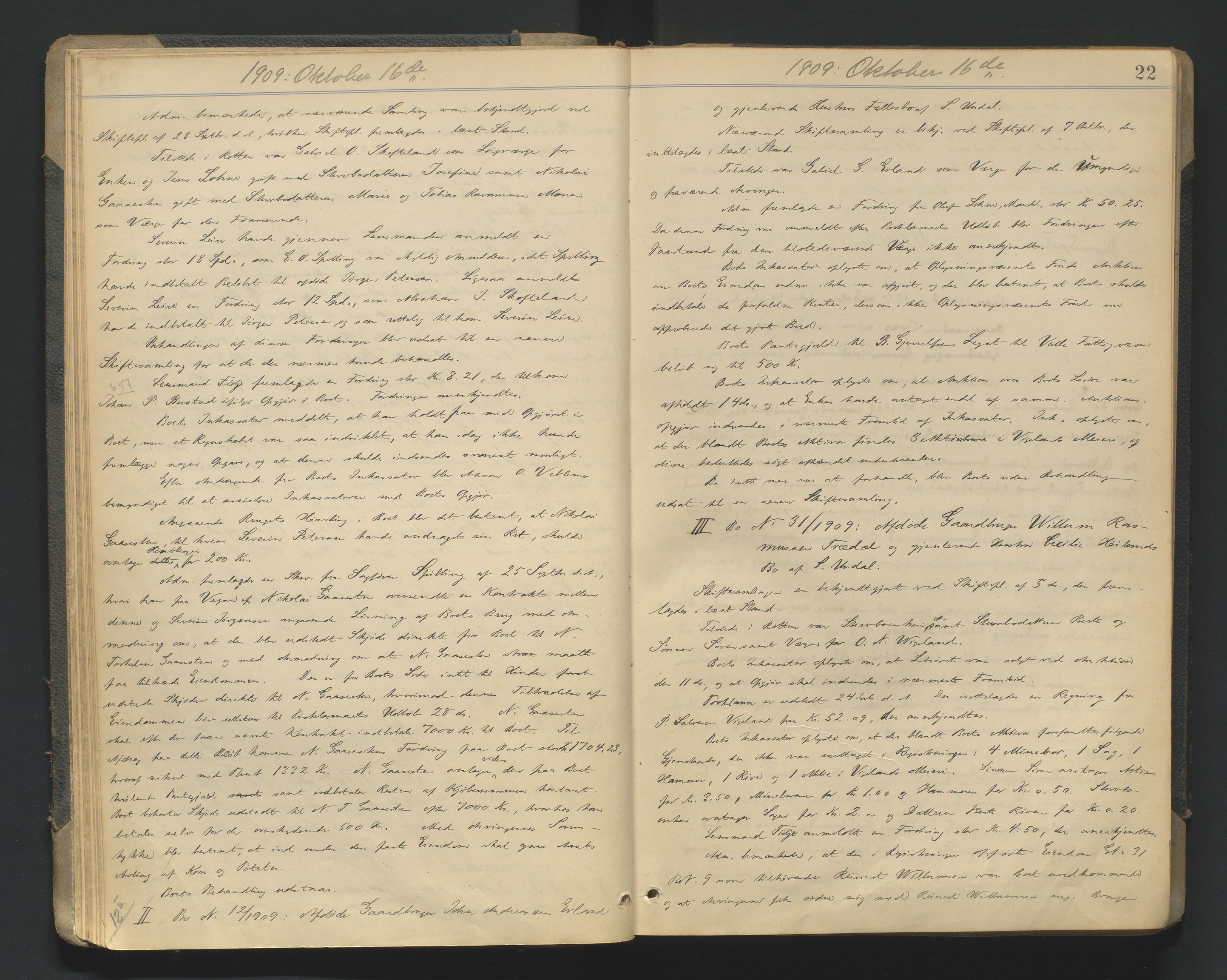 Mandal sorenskriveri, AV/SAK-1221-0005/001/H/Hc/L0081: Skifteforhandlingsprotokoll nr 13, 1909-1913, p. 22