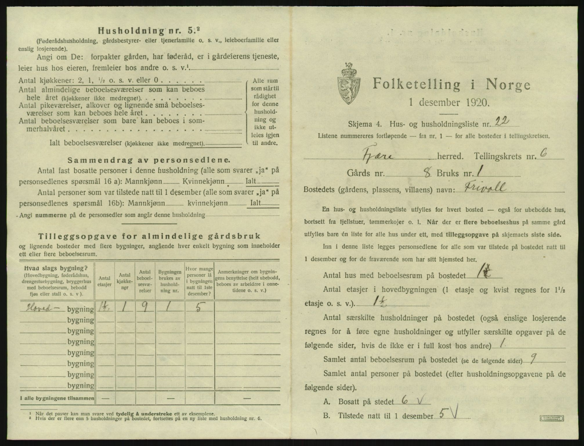 SAK, 1920 census for Fjære, 1920, p. 1231