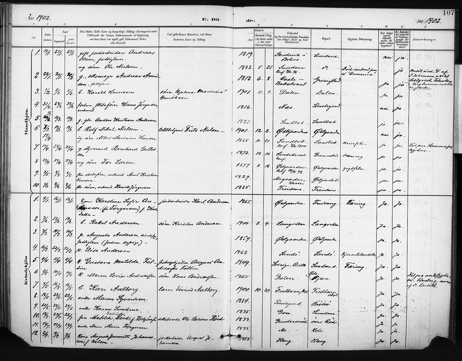 Tjøme kirkebøker, AV/SAKO-A-328/F/Fa/L0005: Parish register (official) no. I 5, 1901-1909, p. 107