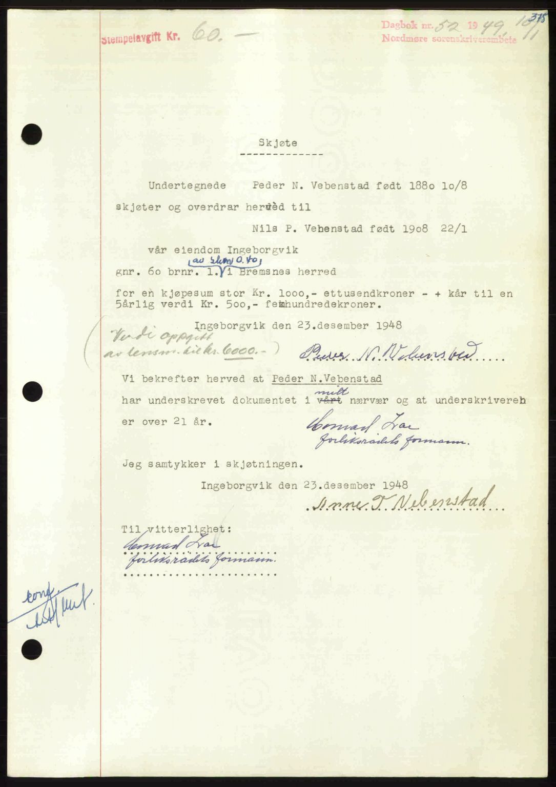 Nordmøre sorenskriveri, AV/SAT-A-4132/1/2/2Ca: Mortgage book no. A110, 1948-1949, Diary no: : 52/1949