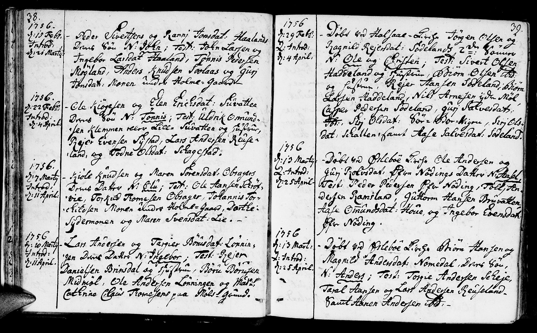 Holum sokneprestkontor, SAK/1111-0022/F/Fa/Faa/L0002: Parish register (official) no. A 2, 1756-1780, p. 38-39