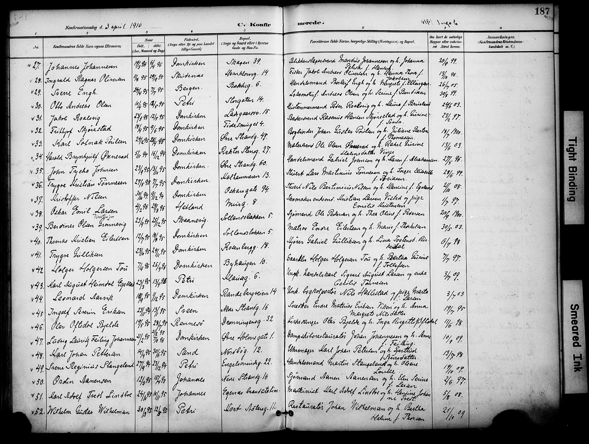 Domkirken sokneprestkontor, SAST/A-101812/001/30/30BA/L0031: Parish register (official) no. A 30, 1896-1916, p. 187
