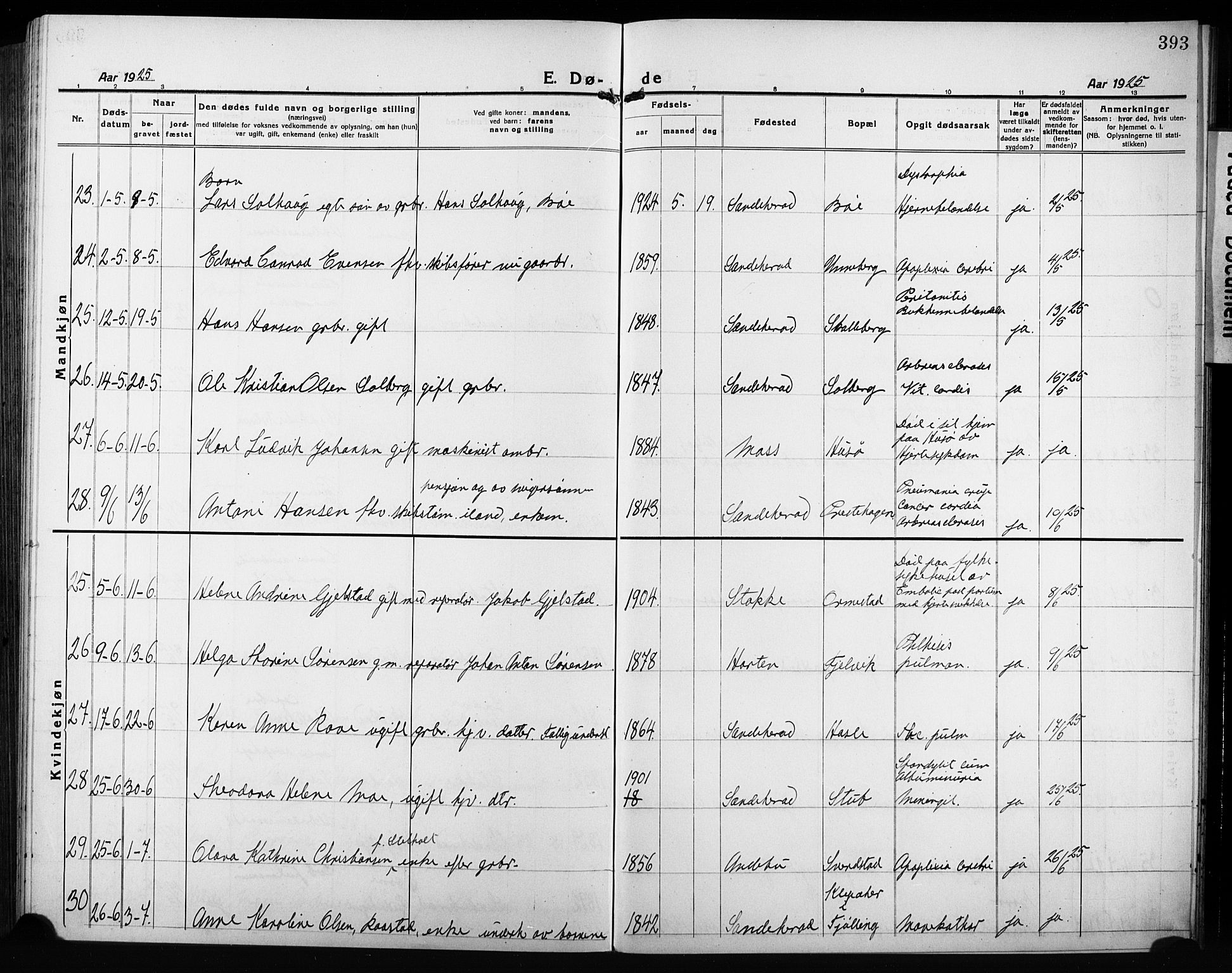 Sandar kirkebøker, AV/SAKO-A-243/G/Ga/L0004: Parish register (copy) no. 4, 1922-1932, p. 393