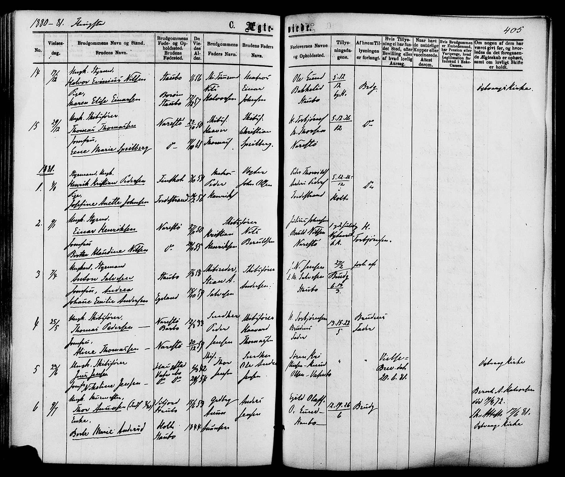 Dypvåg sokneprestkontor, AV/SAK-1111-0007/F/Fa/Faa/L0007: Parish register (official) no. A 7 /2, 1877-1884, p. 405