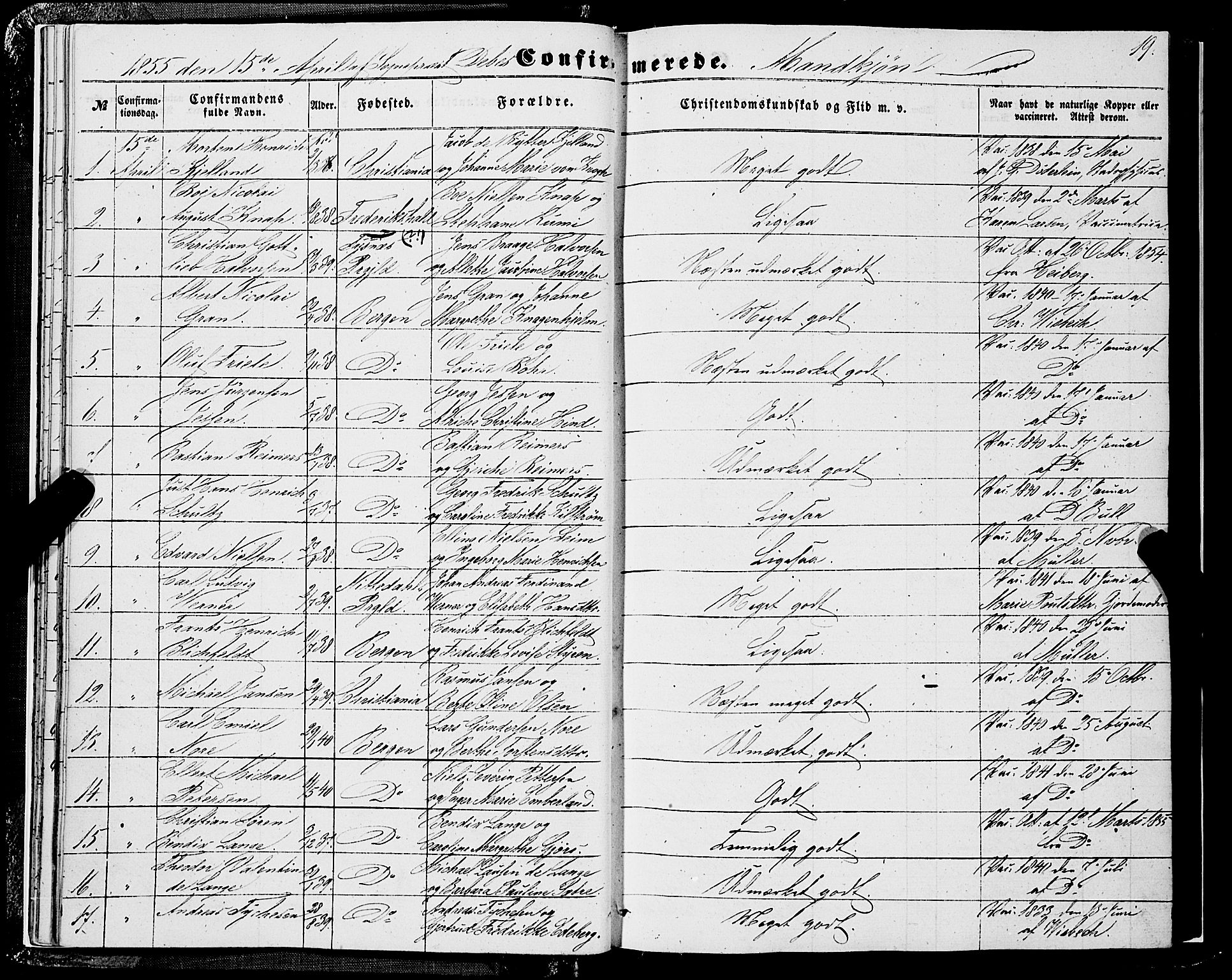Domkirken sokneprestembete, SAB/A-74801/H/Haa/L0028: Parish register (official) no. C 3, 1852-1864, p. 19