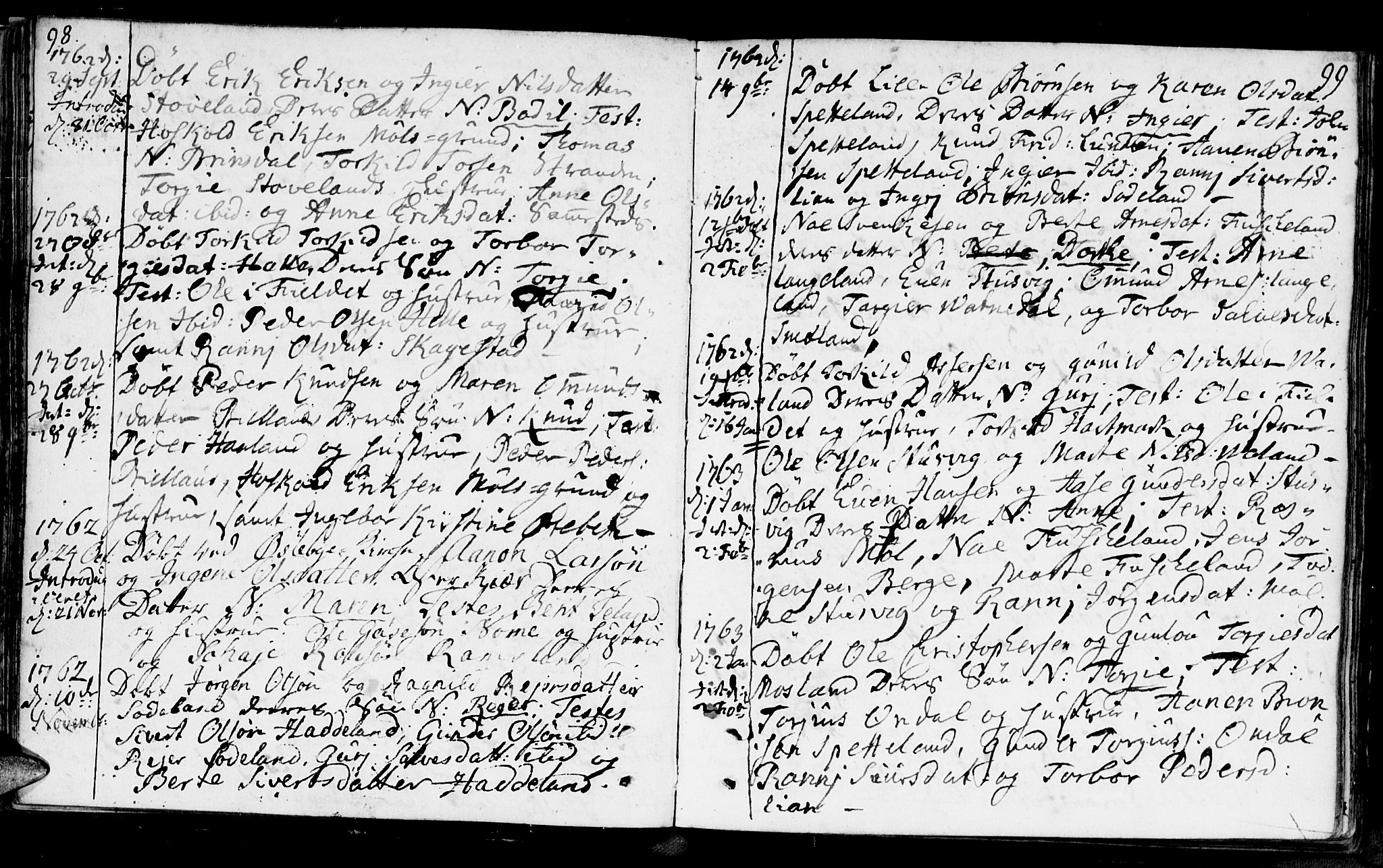 Holum sokneprestkontor, AV/SAK-1111-0022/F/Fa/Faa/L0002: Parish register (official) no. A 2, 1756-1780, p. 98-99