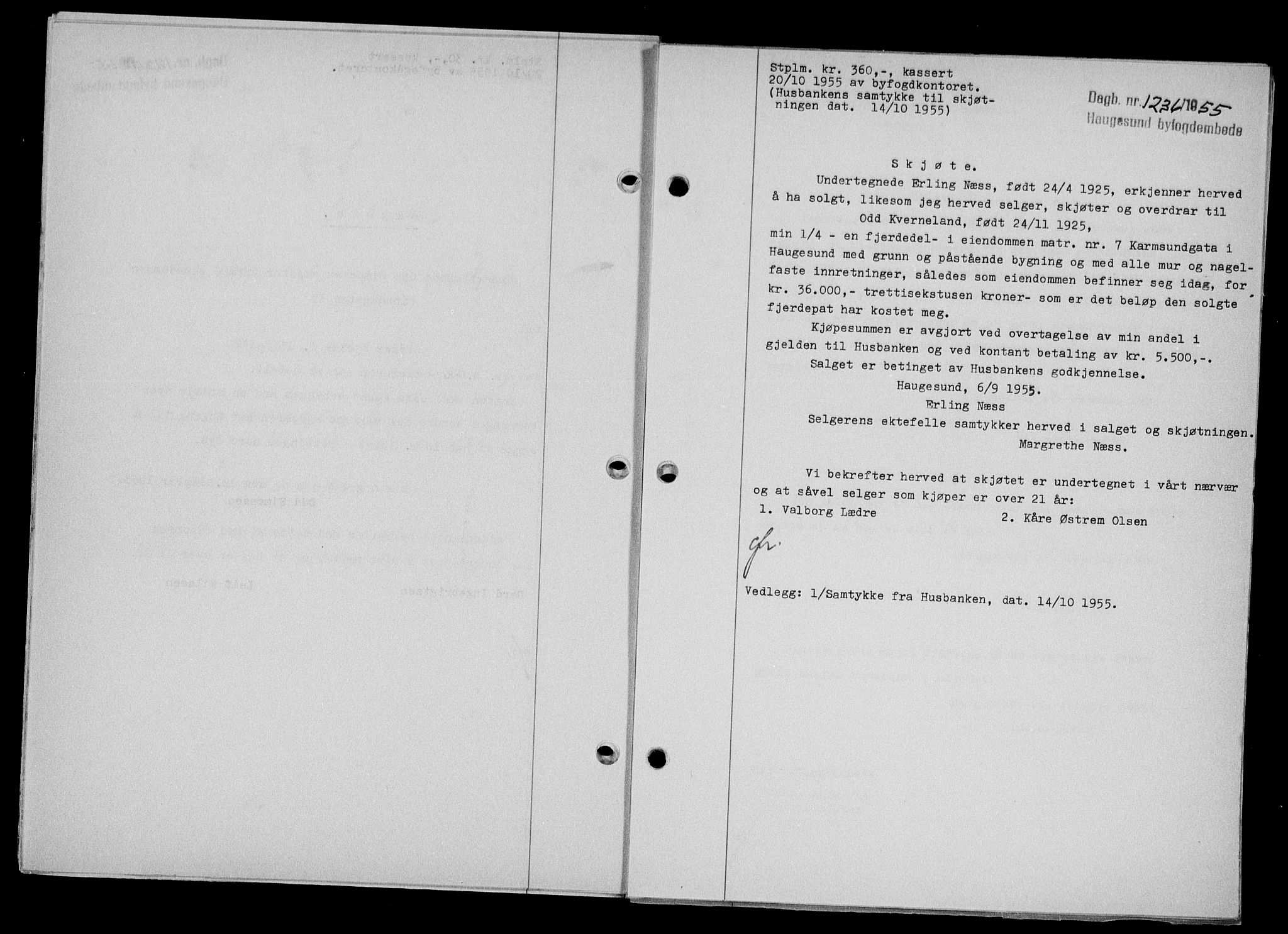 Haugesund tingrett, AV/SAST-A-101415/01/II/IIC/L0067: Mortgage book no. A 8, 1954-1956, Diary no: : 1236/1955