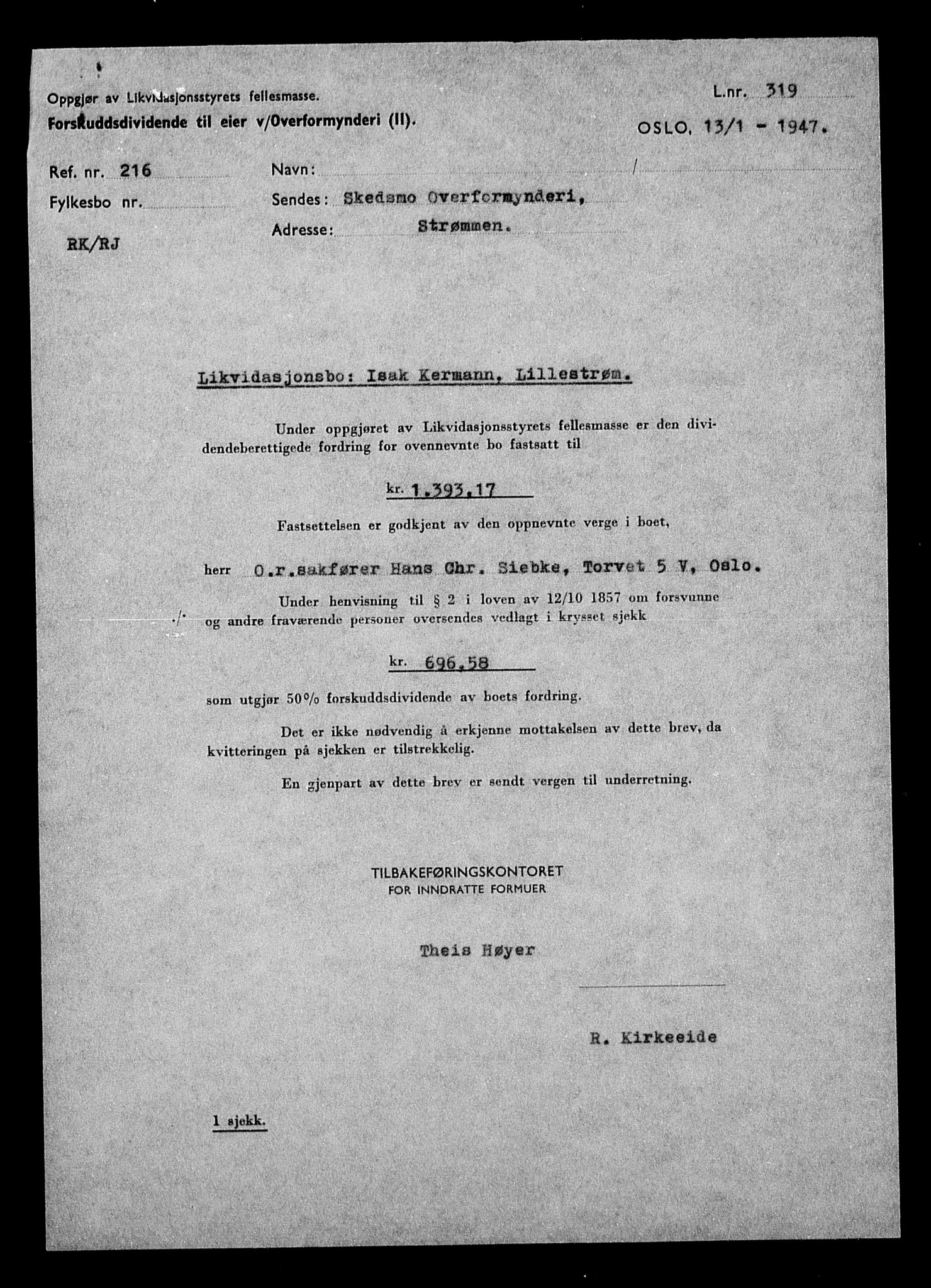 Justisdepartementet, Tilbakeføringskontoret for inndratte formuer, AV/RA-S-1564/H/Hc/Hcc/L0950: --, 1945-1947, p. 745