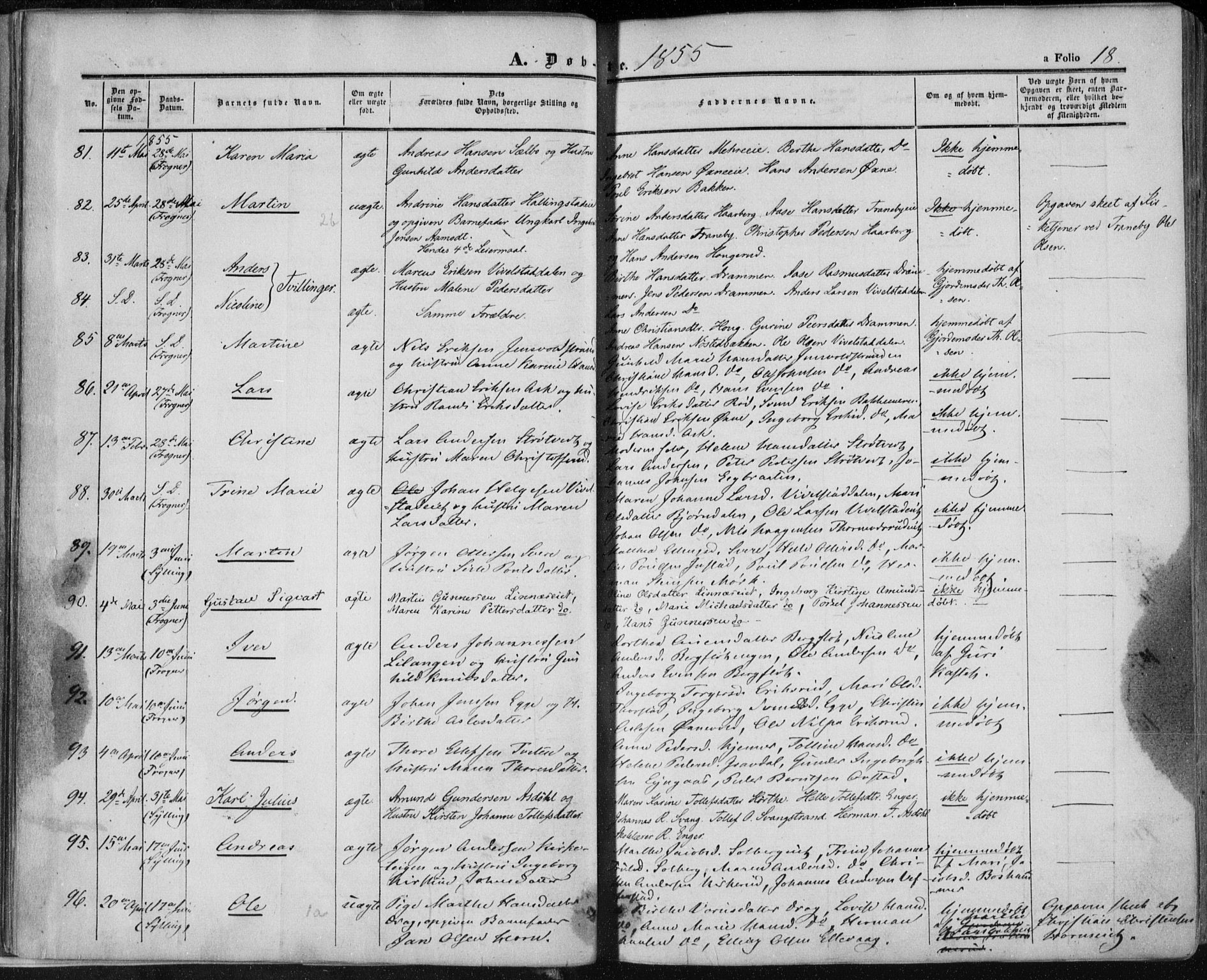 Lier kirkebøker, SAKO/A-230/F/Fa/L0012: Parish register (official) no. I 12, 1854-1864, p. 18