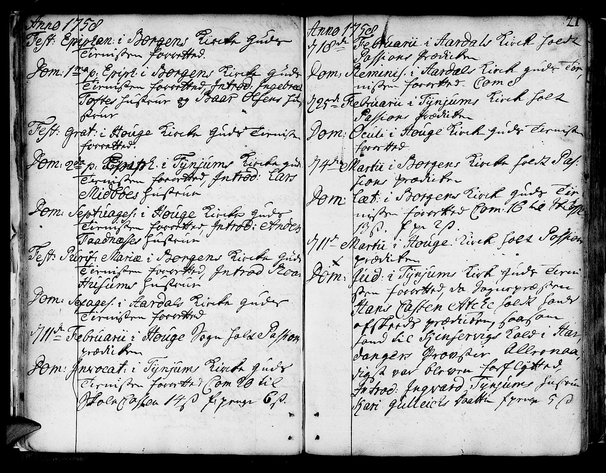 Lærdal sokneprestembete, AV/SAB-A-81201: Parish register (official) no. A 2, 1752-1782, p. 21