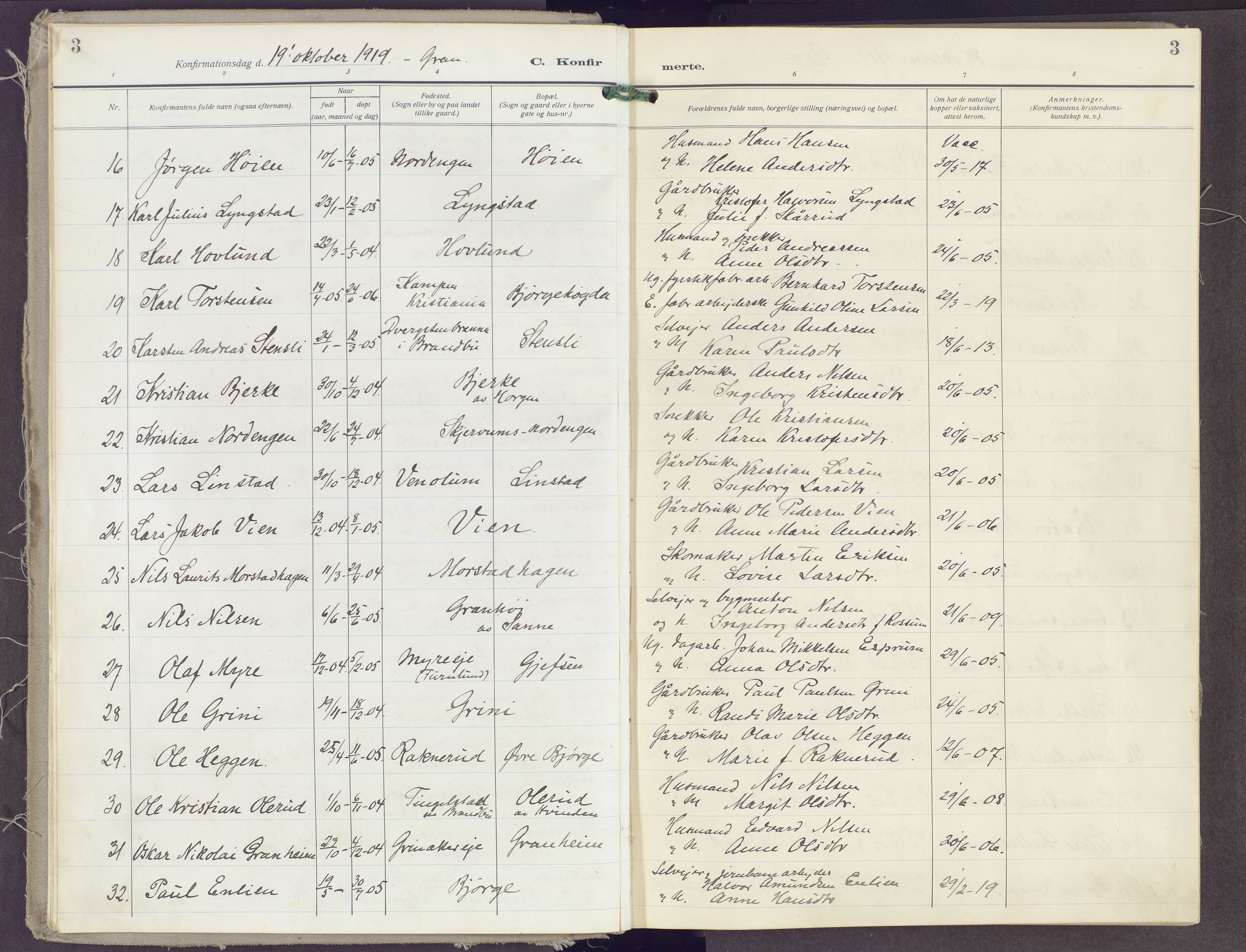 Gran prestekontor, AV/SAH-PREST-112/H/Ha/Haa/L0023: Parish register (official) no. 23, 1919-1938, p. 3