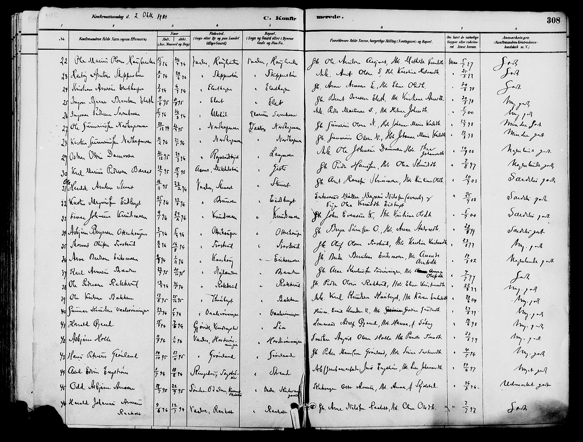 Våler prestekontor, Hedmark, AV/SAH-PREST-040/H/Ha/Haa/L0002: Parish register (official) no. 3, 1879-1911, p. 308