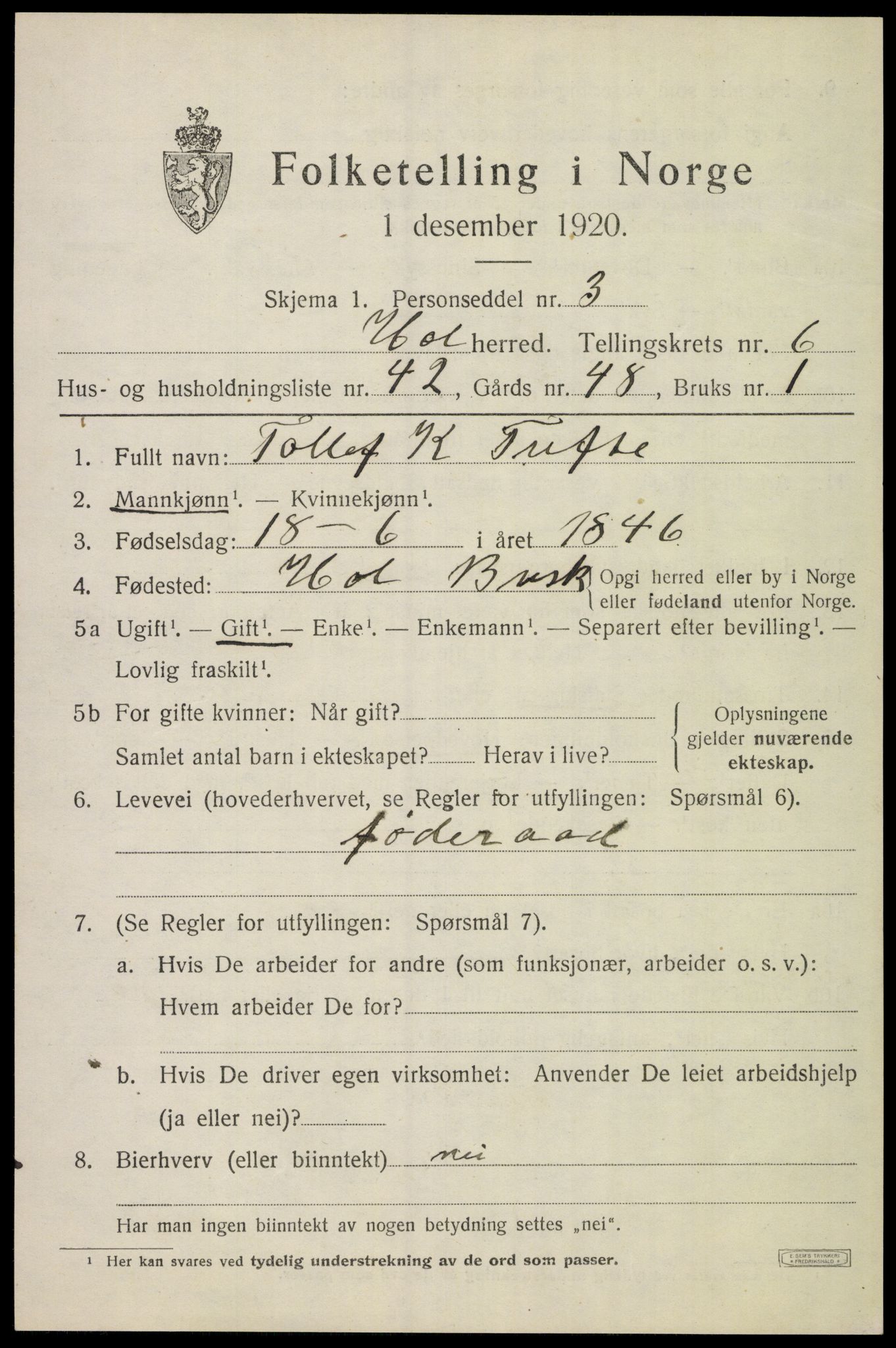 SAKO, 1920 census for Hol (Buskerud), 1920, p. 3501