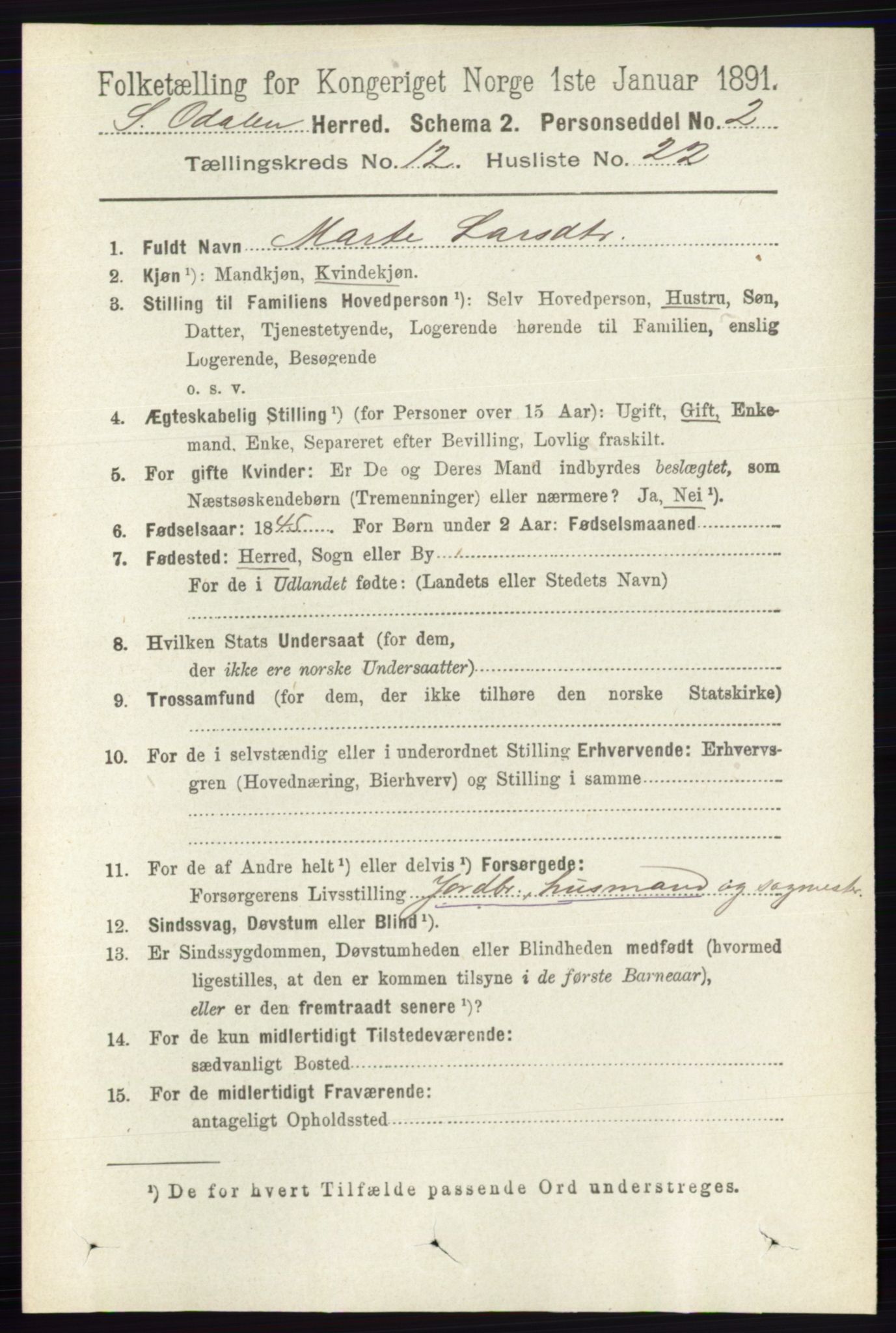 RA, 1891 census for 0419 Sør-Odal, 1891, p. 5486