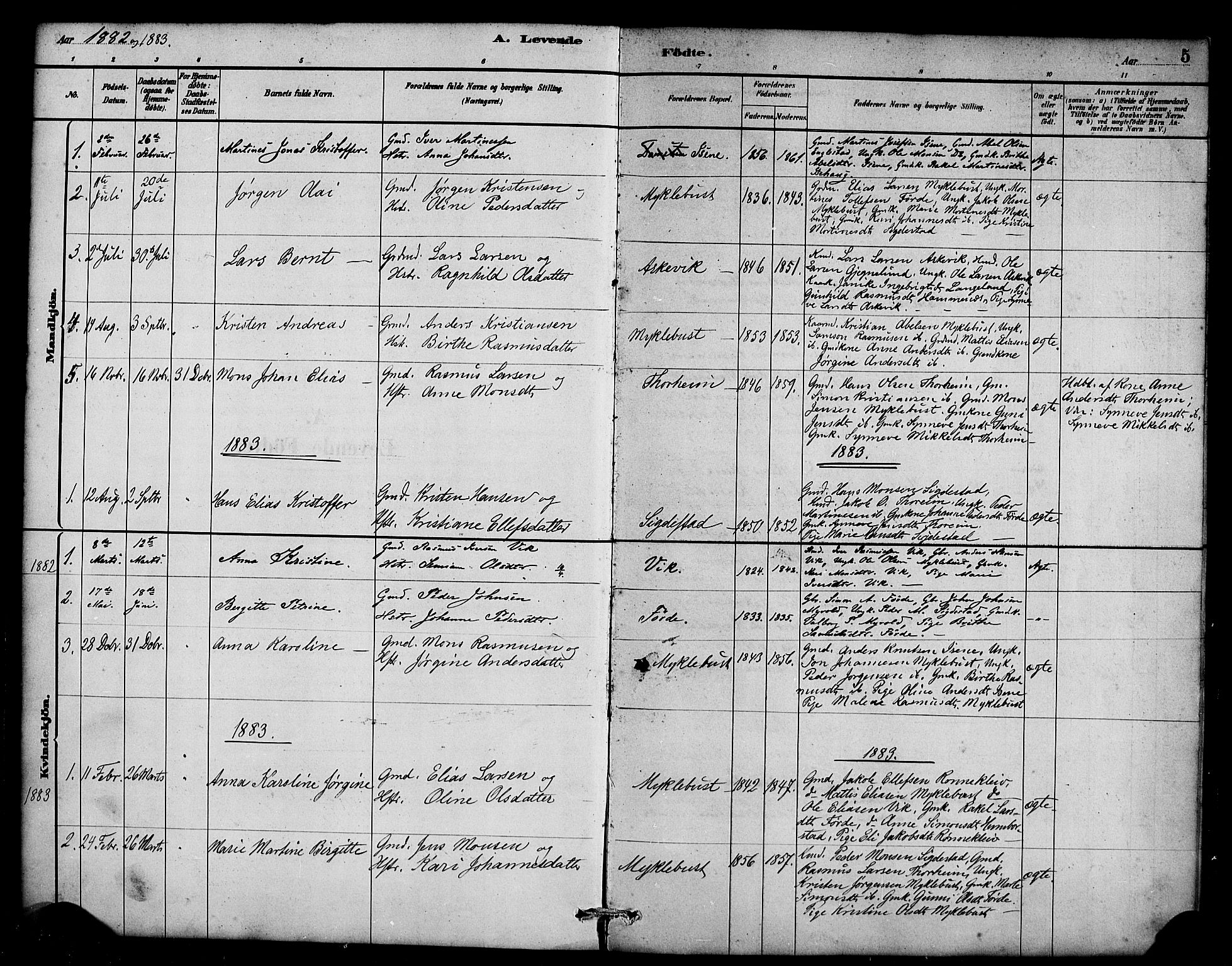 Davik sokneprestembete, SAB/A-79701/H/Haa/Haae/L0001: Parish register (official) no. E 1, 1882-1900, p. 5