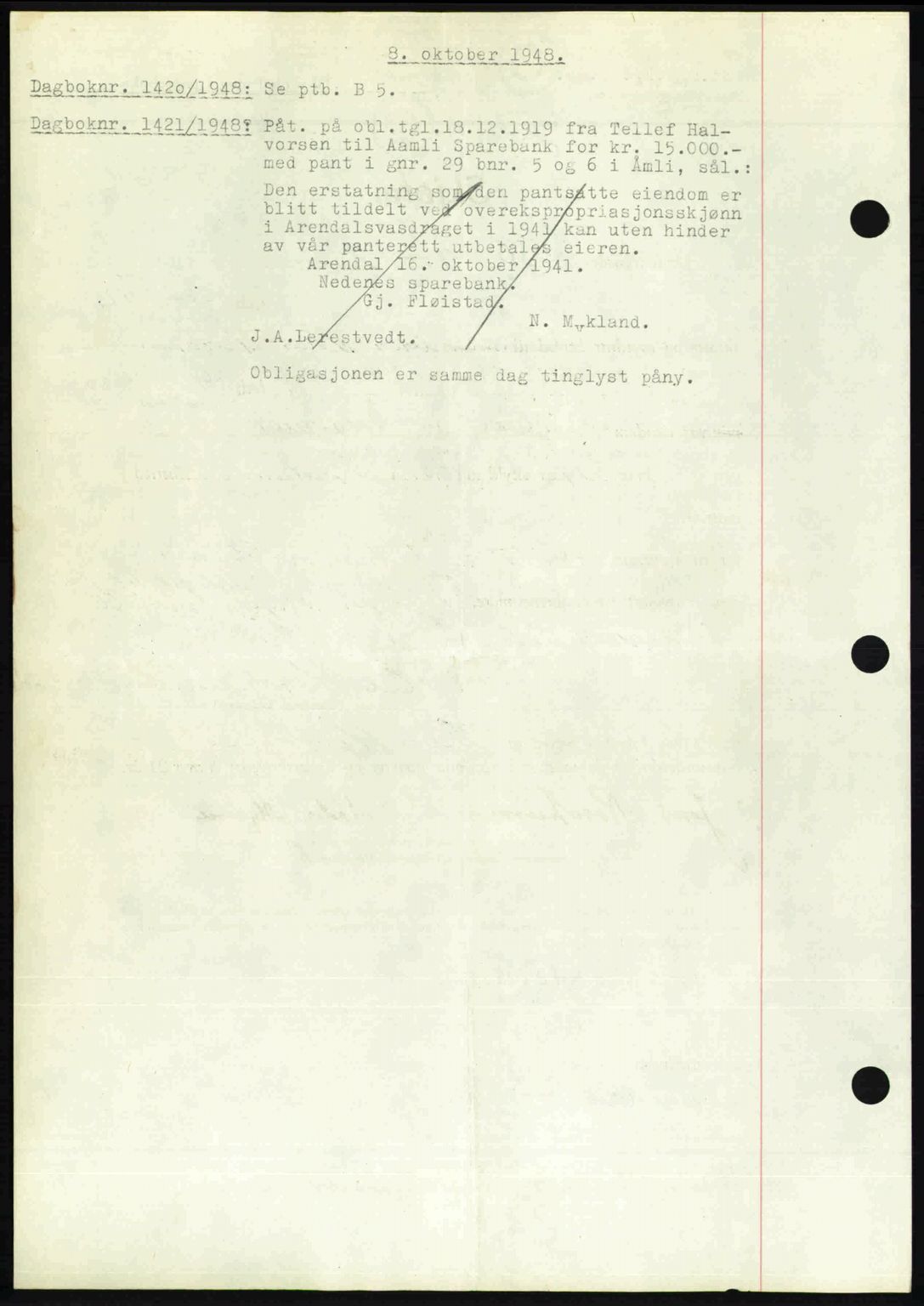 Nedenes sorenskriveri, SAK/1221-0006/G/Gb/Gba/L0059: Mortgage book no. A11, 1948-1948, Diary no: : 1420/1948