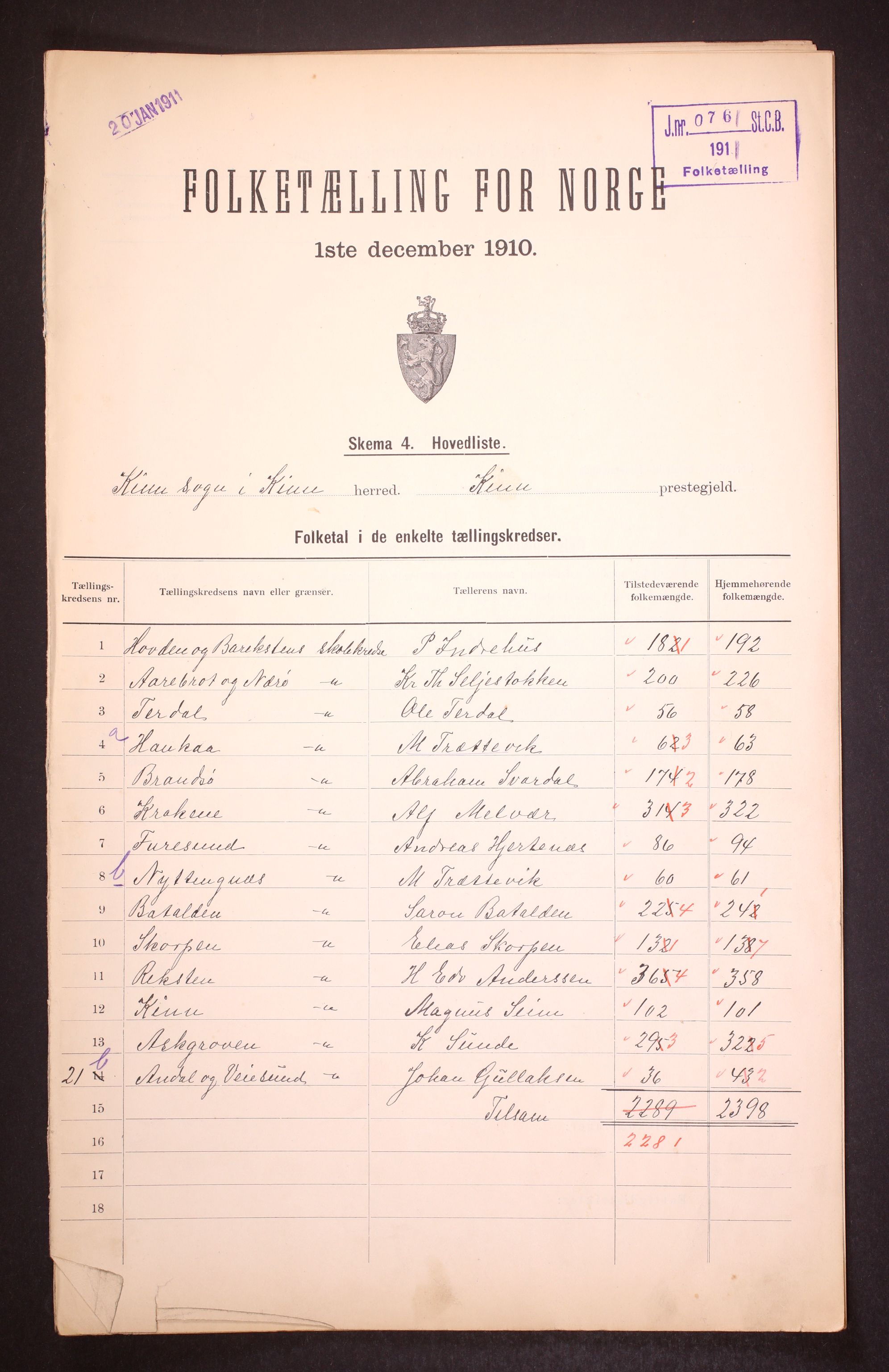 RA, 1910 census for Kinn, 1910, p. 2