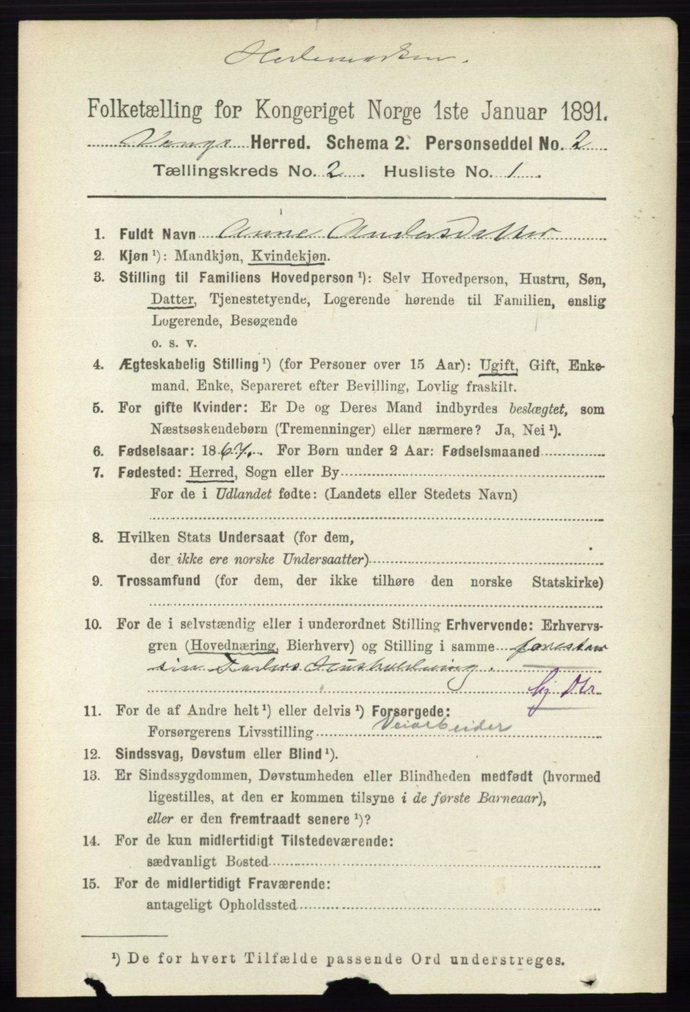 RA, 1891 census for 0414 Vang, 1891, p. 1040