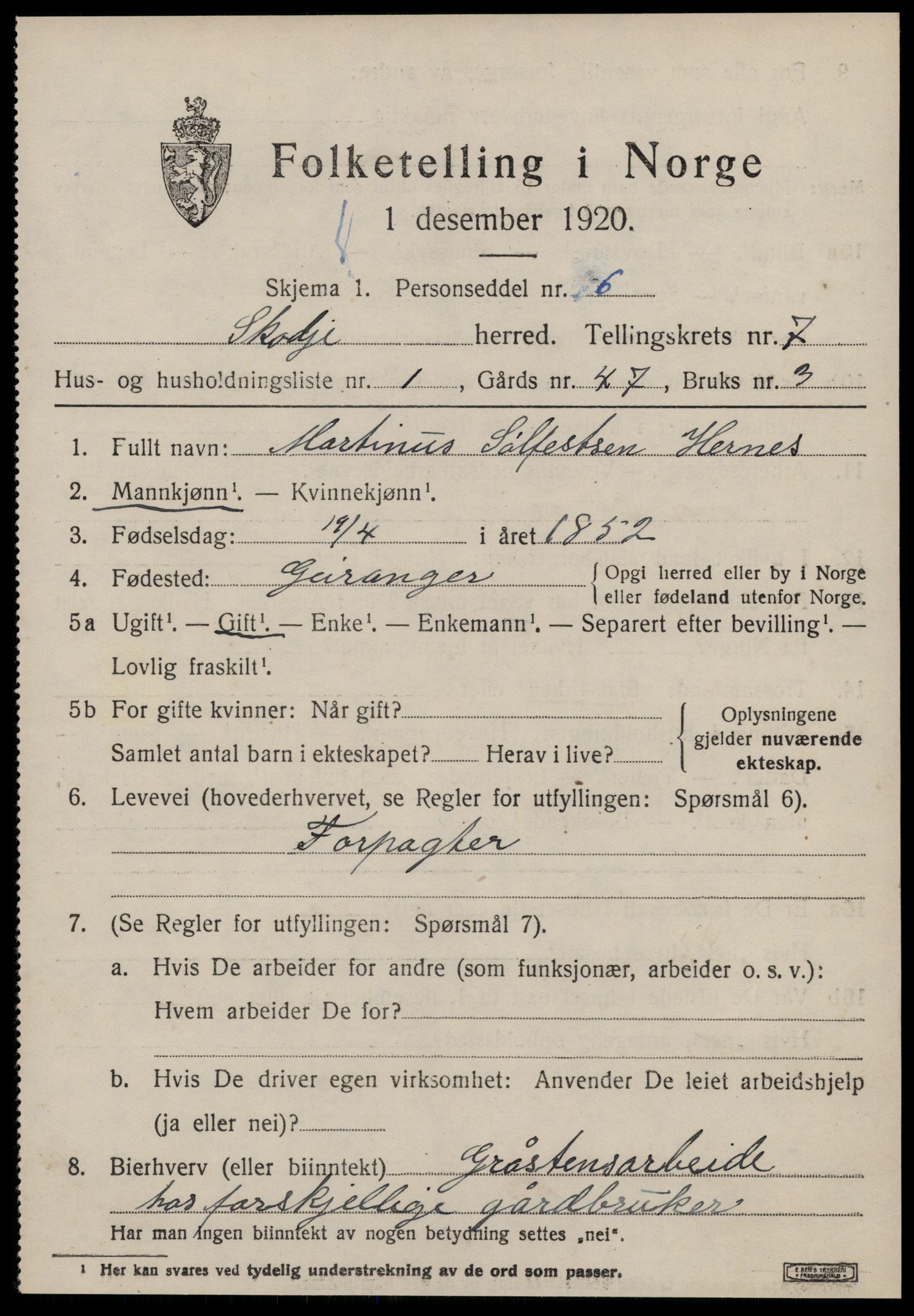 SAT, 1920 census for Skodje, 1920, p. 2979